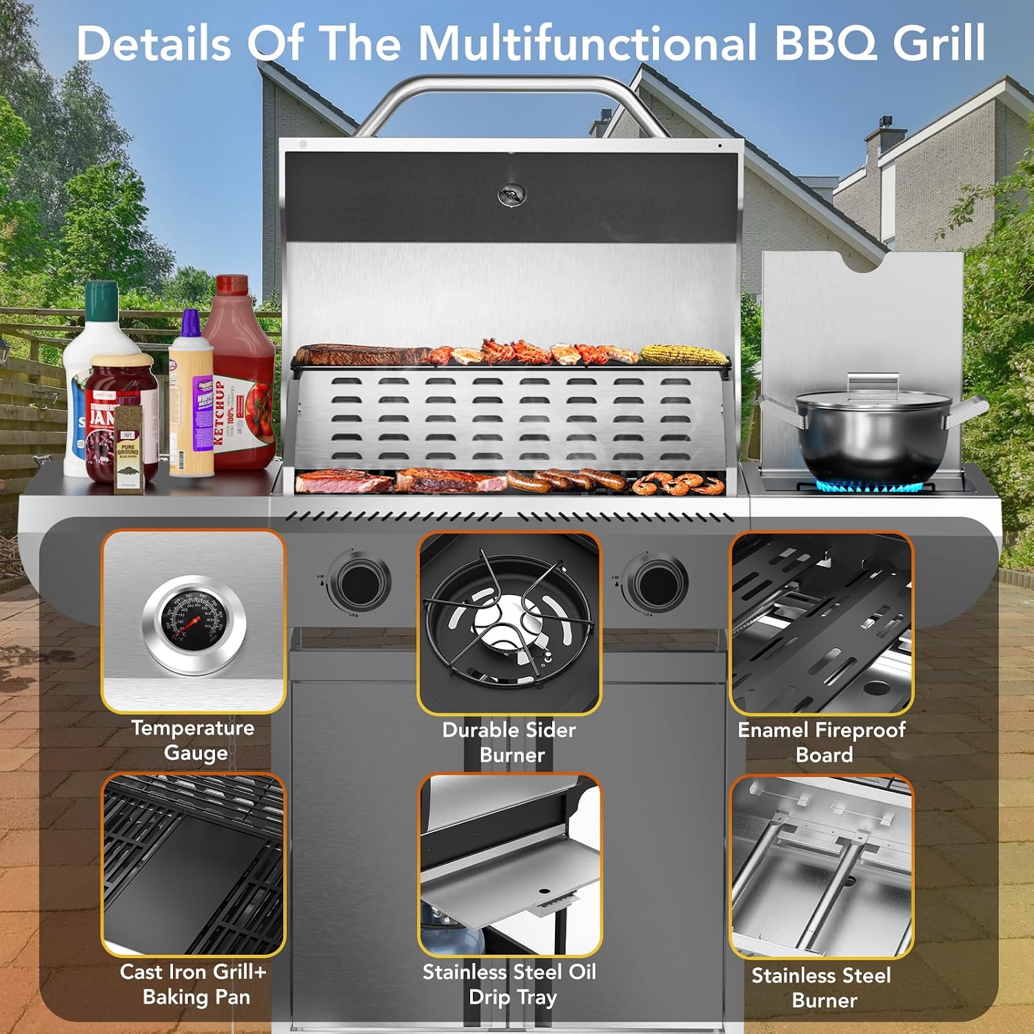 Electactic G41 Pro Gas Grill,Heavy-Duty Stainless Steel BBQ Grill,4 Burner Gas Grill with Side Burner,42000 BTU Propane Grill for Outdoor Cooking,Barbecue,Garden and Patio Backyard