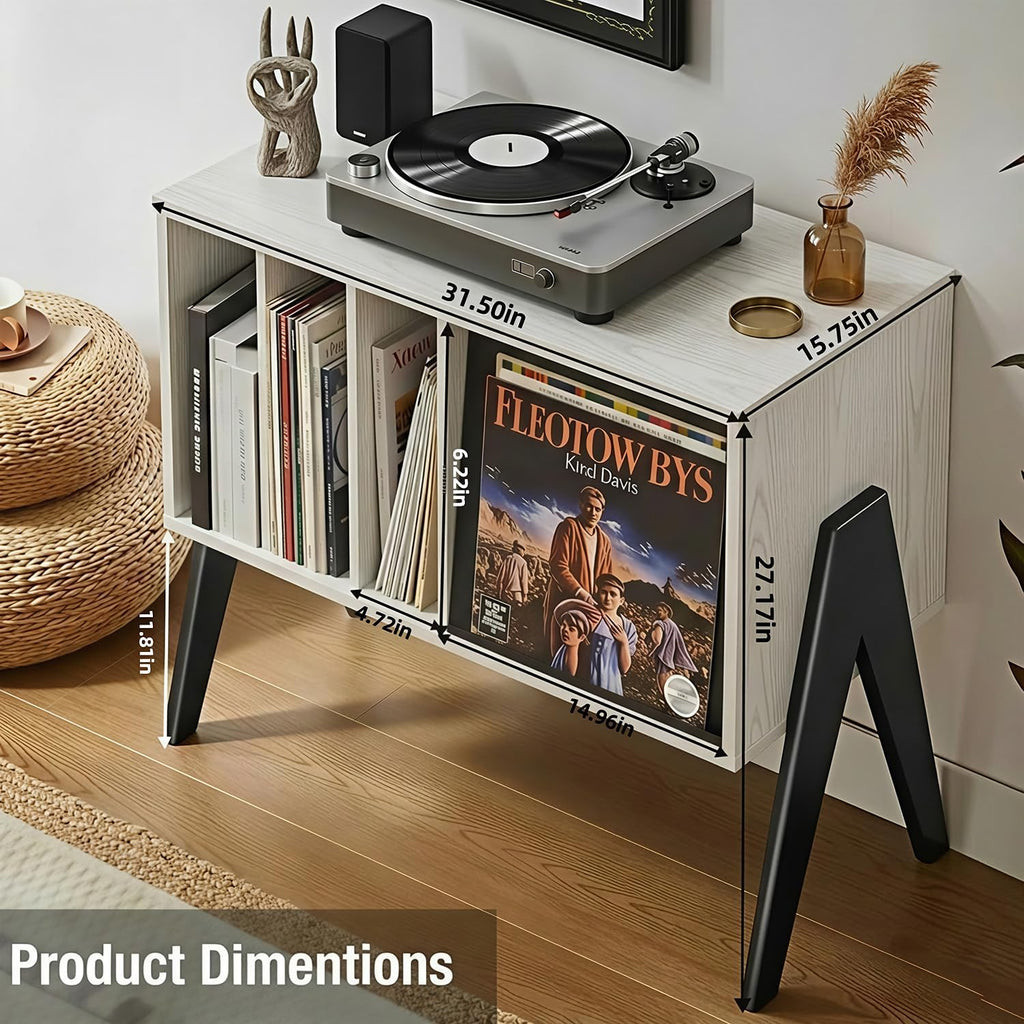 Record Player Stand with Vinyl Storage, 32' Turntable Stand with Flip-Up Album Display, Mid Century Modern White Vinyl Record Storage Cabinet, Audio Media Console Table with V-Shape Legs