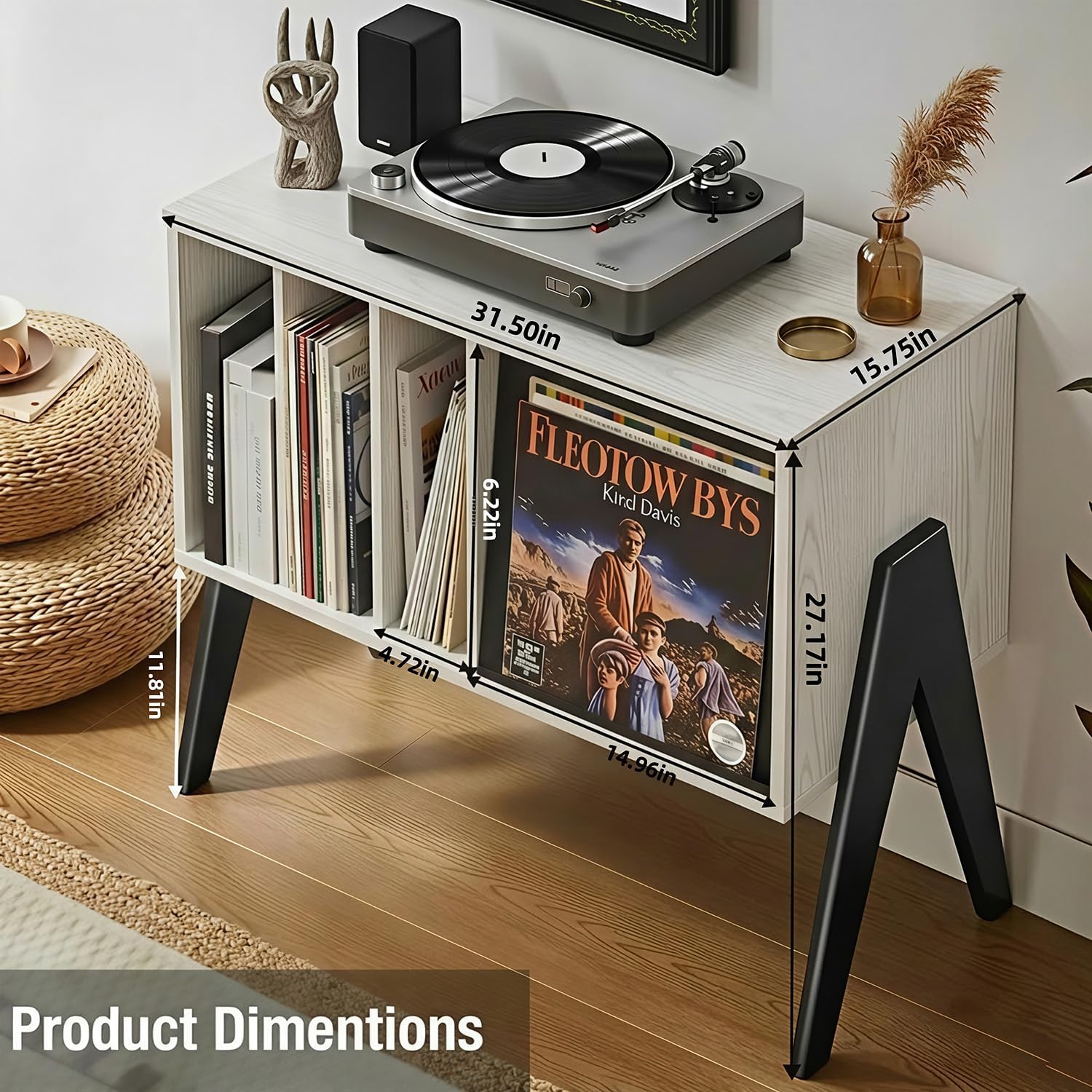 Record Player Stand with Vinyl Storage, 32' Turntable Stand with Flip-Up Album Display, Mid Century Modern White Vinyl Record Storage Cabinet, Audio Media Console Table with V-Shape Legs