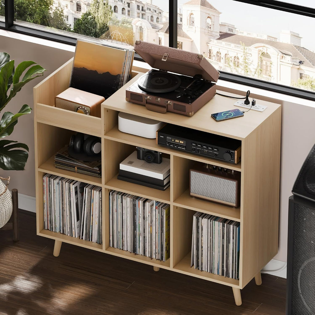 Cozy Castle Large Record Player Stand with Vinyl Storage Cabinet, Wood Turntable Table Open Shelf Holder Up to 500 Albums Cube Storage Organizer for Living Room, Office, Oak