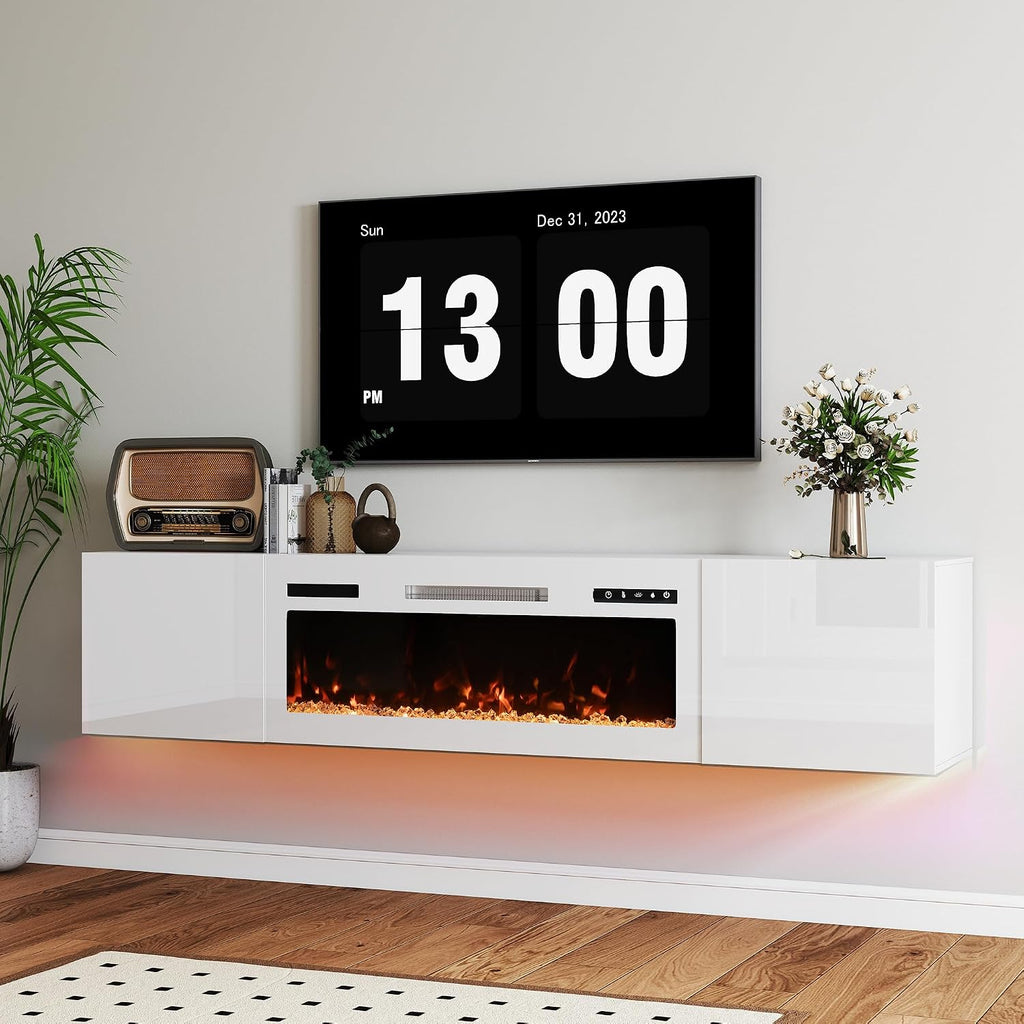 Real Relax 70' Floating TV Stand with 36' Electric Fireplace, Wall Mounted Entertainment Center with Storage, Remote Control, Modern LED Lights Fireplace TV Console for TVs Up to 80', All White