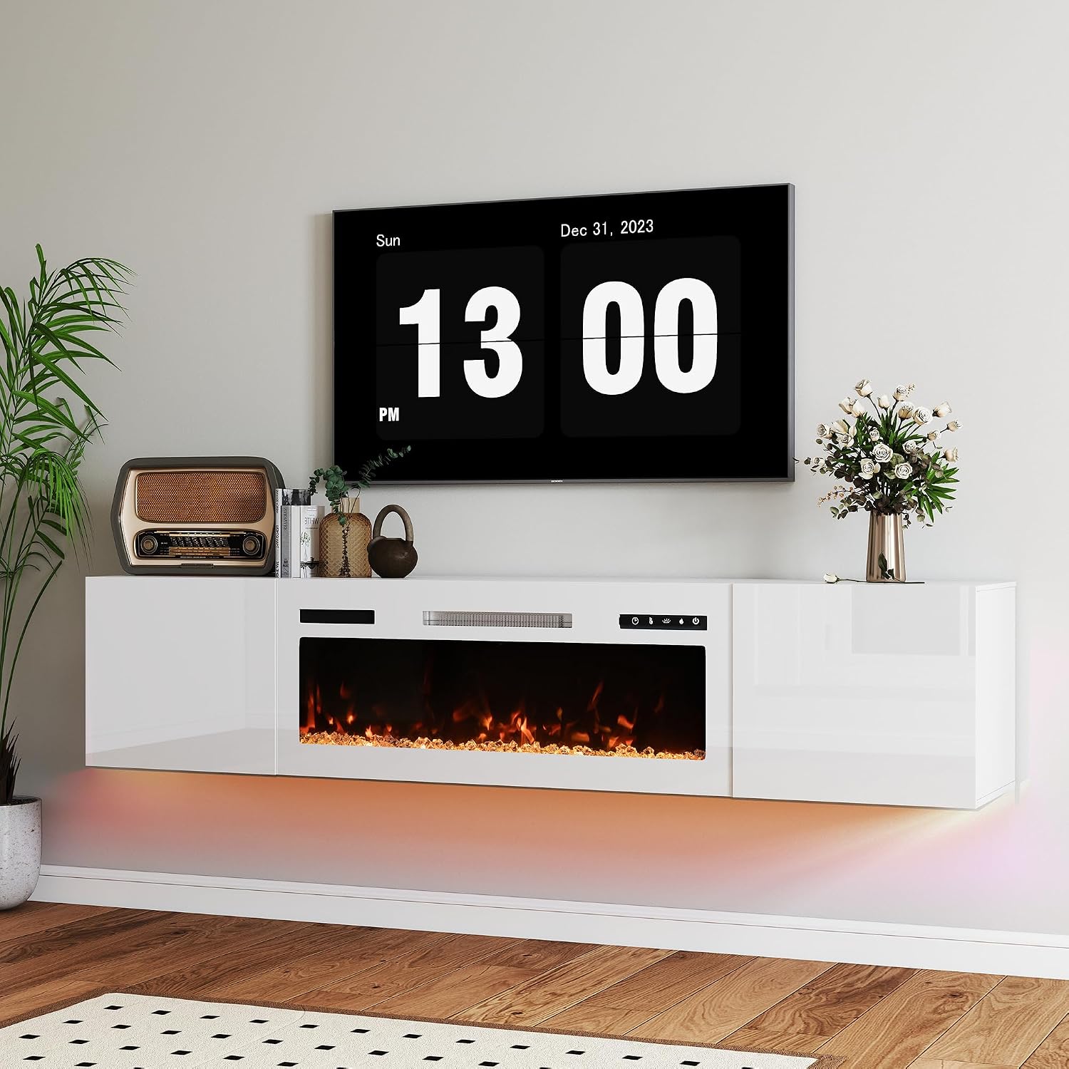 Real Relax 70' Floating TV Stand with 36' Electric Fireplace, Wall Mounted Entertainment Center with Storage, Remote Control, Modern LED Lights Fireplace TV Console for TVs Up to 80', All White