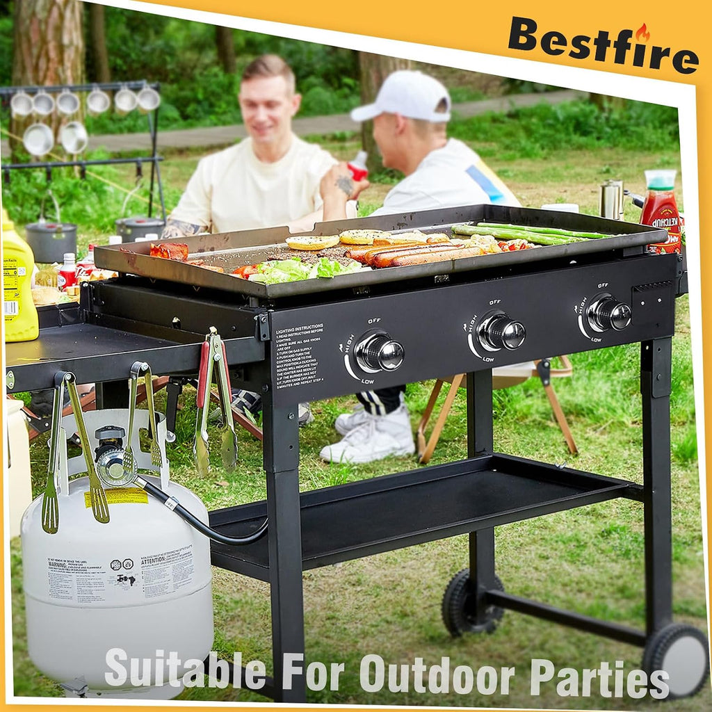 BESTFIRE Foldable Flat Top Grill, Outdoor Griddle-3 Burner Propane Griddle with Two Foldable Shelves,36' Flat Grills Outdoor-45,000 BTU Gas Grill for BBQ& Outdoor Cooking,Black
