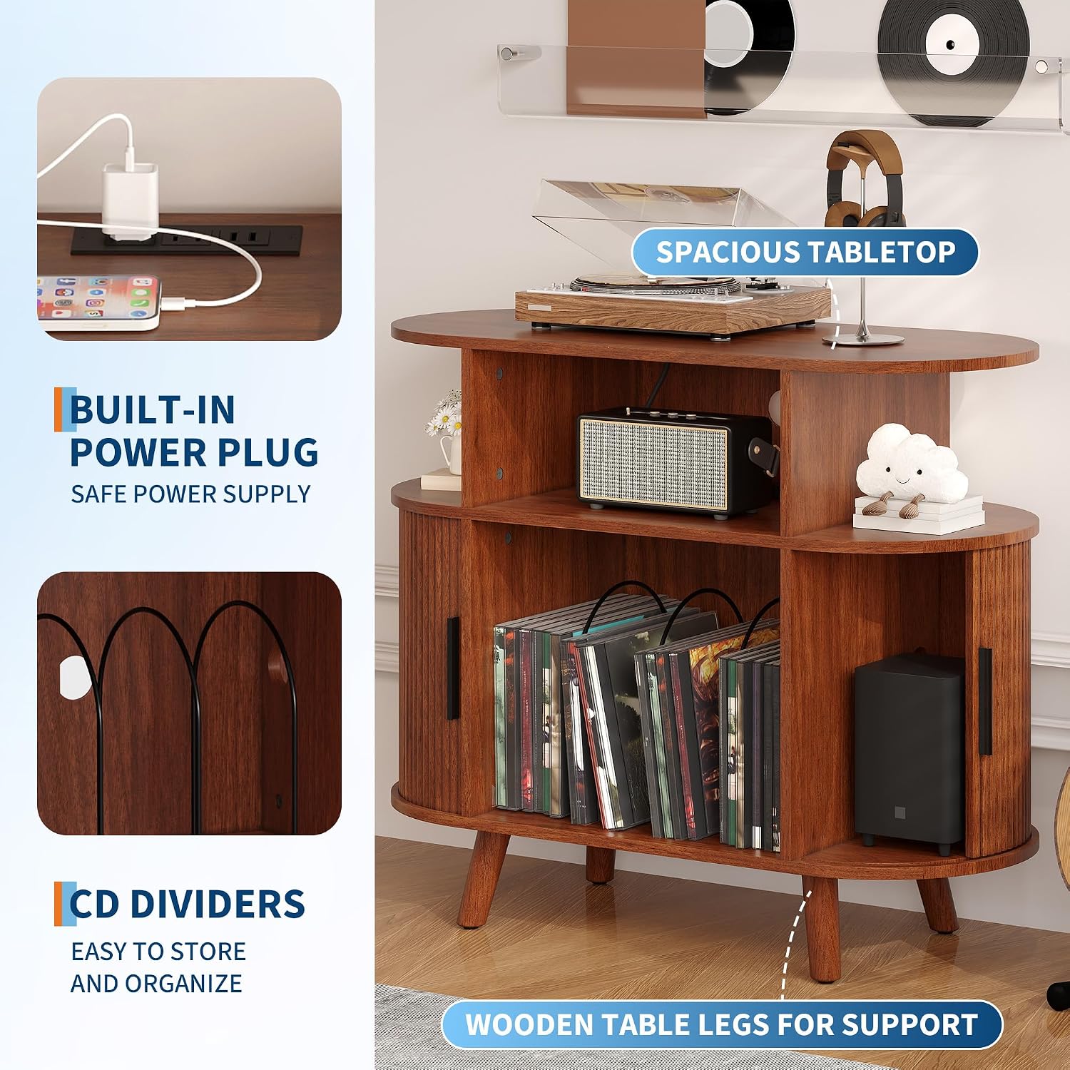 GarveeHome Large Round Record Player Stand with Charging Station and USB Ports, Rustic Vinyl Record Player Turntable Stand Storage Cabinet with Open Shelves Holder Mid-Century Design
