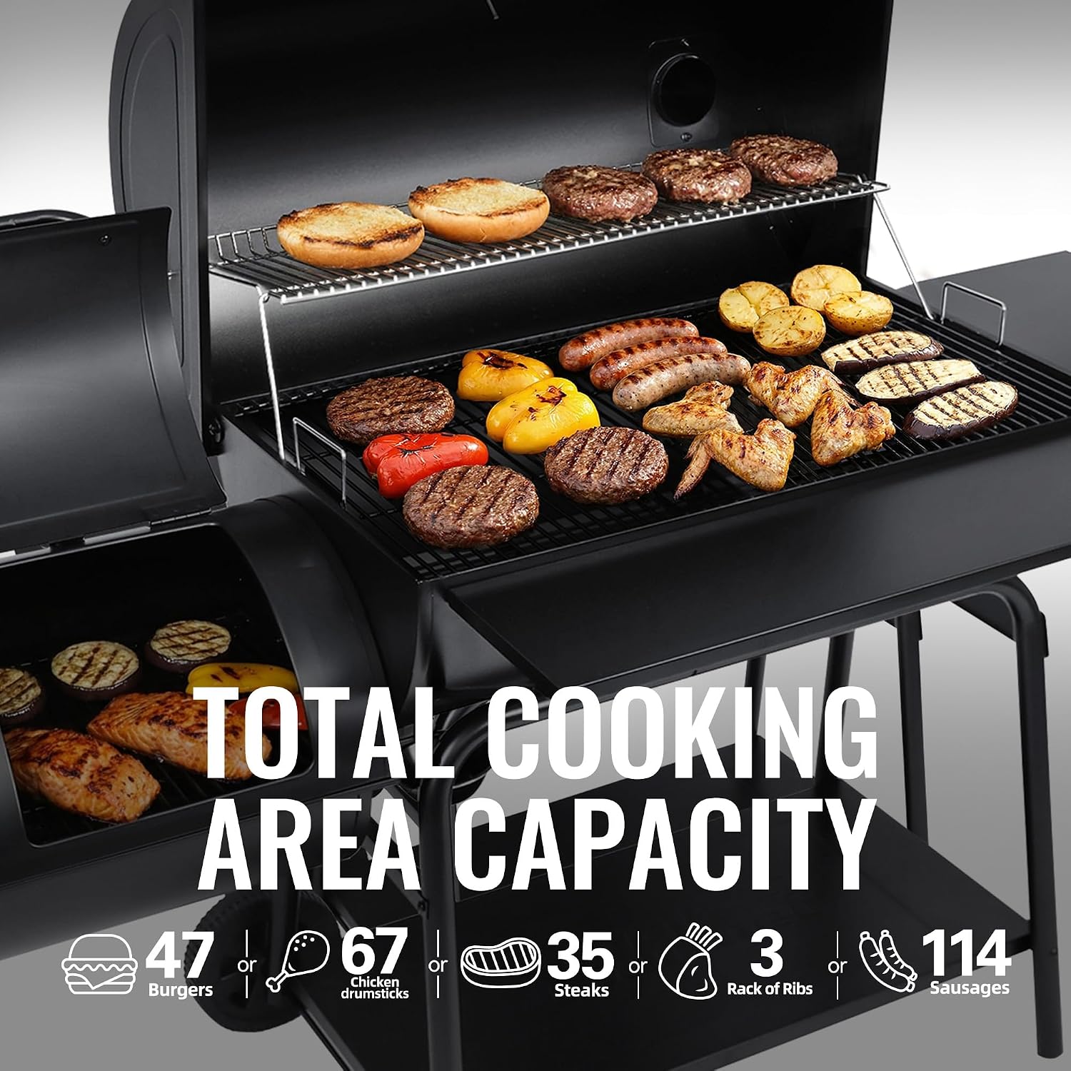 Royal Gourmet CC2036F Barrel Charcoal Grill with Offset Smoker, Outdoor BBQ Grill with 1200 Sq. In. Grilling Area for Large Event Gathering, Black