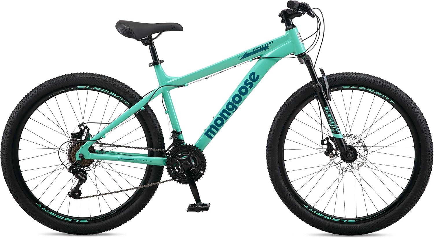 Mongoose Grafton Mountain Bike, 21 Speed, Aluminum Frame, Knobby Mountain Tires, Suspension Fork, Trigger Shifters, Mechanical Disc Brakes | Trigger Shifter, Aluminum Frame, Front Suspension