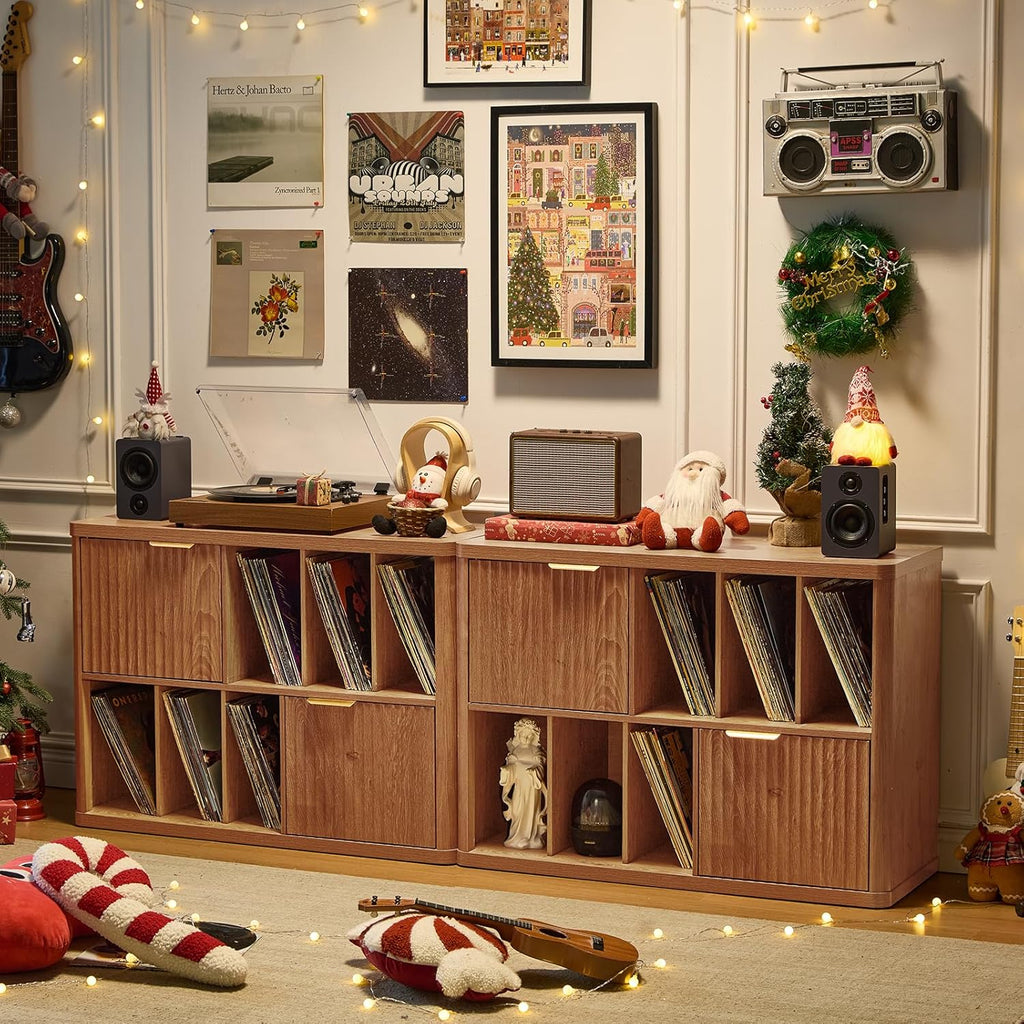 LEYAOYAO Large Record Player Stand with Vinyl Storage Up to 450 Albums, Wood Fluted Boho Record Storage Accent Cabinet, Modern Stereo Media Cabinets, Wide Turntable Stand for Living Room, Tea Brown