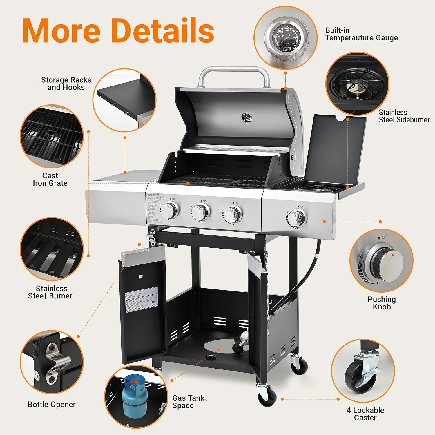 Endark 3-Burner BBQ Grill with Side Burner and Grill Cover,40,500 BTU Stainless Steel Propane Grill, Including Thermometer Wheels, Gas Grill for Garden Cooking and Family Gatherings