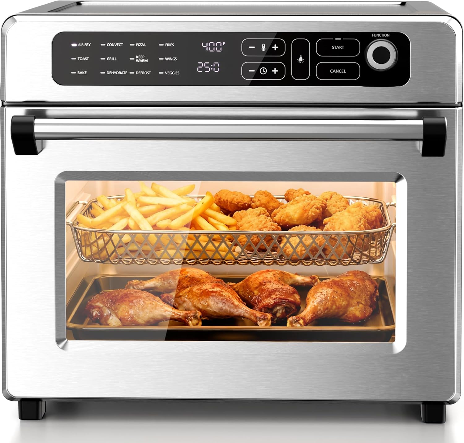 Kismile 25QT Air Fryer Toaster Oven Combo, 12-in-1 Large Countertop Convection Airfryer Oven, 70–450℉, Bake, Roast, Reheat, Broil, Fits 12″ Pizza, Includes Full Accessories, Stainless Steel(Silver)