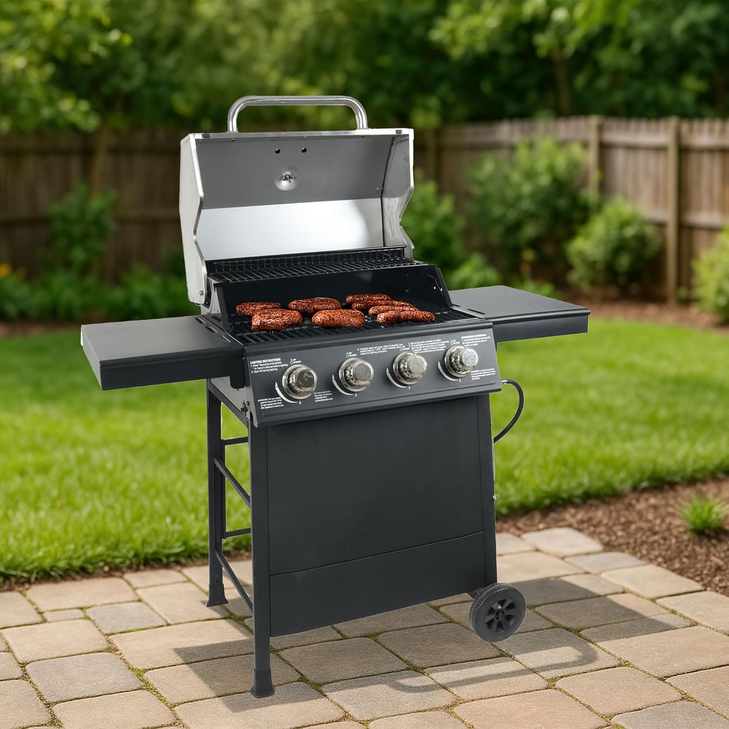 Grill Boss 4-Burner Outdoor Propane Gas Grill with Side Shelves, Stainless Steel Lid, Push Ignition, Warming Rack, Wheels, Black