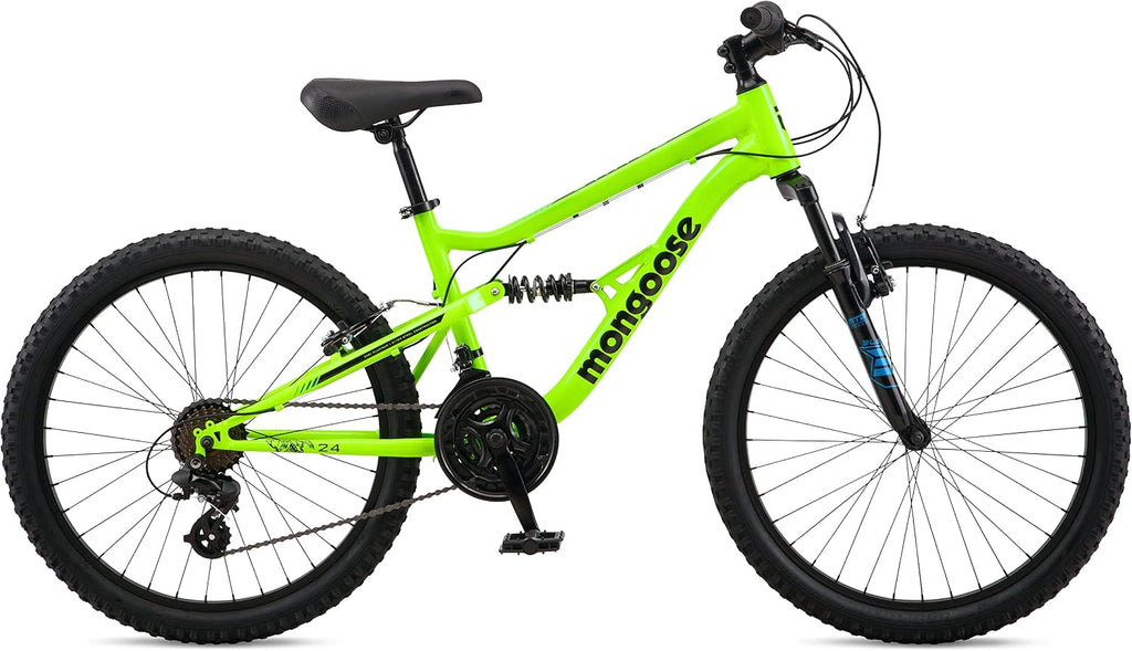 Mongoose Status Mountain Bike, 24 Inch Bike for Kids and Teens, 21 Speed, Aluminum Suspension Frame, Steel Rear Triangle, Suspension Fork, Knobby Mountain Tires, Linear Pull Brakes, For Boys and Girls