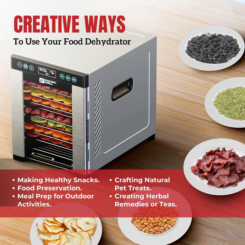 Magic Mill Pro Food Dehydrator Machine | 10 Stainless Steel Trays | Dryer for Jerky, Dog Treats, Herb, Meat, Beef, Fruit | Keep Warm Function, Digital Timer and Temperature Control, ETL Approved