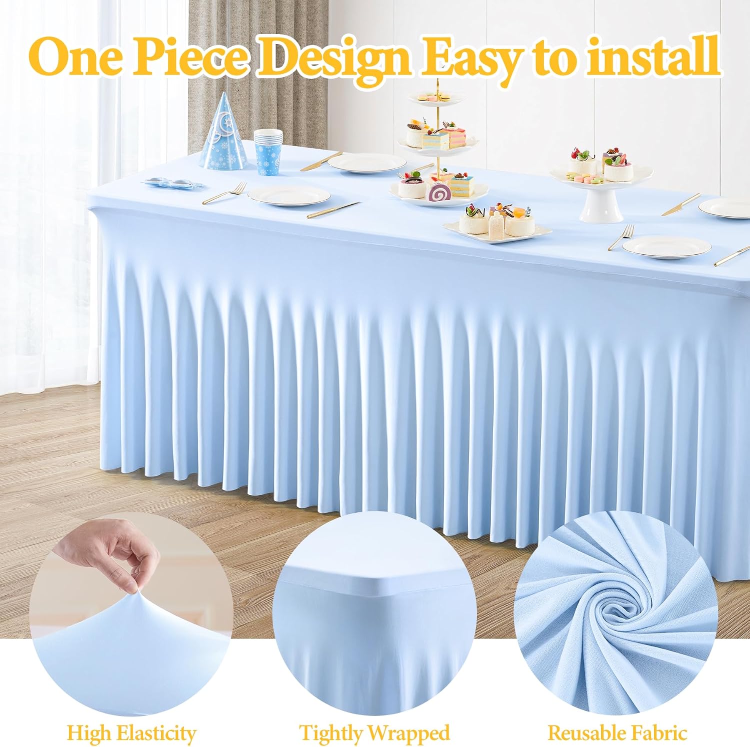 Shillance Baby Blue Spandex Table Covers 8ft, 6 Packs Fitted Table Covers for 6 Foot Tables Stretch Spandex Table Skirts Rectangle Tables for Event, Wedding, Banquet & Parties