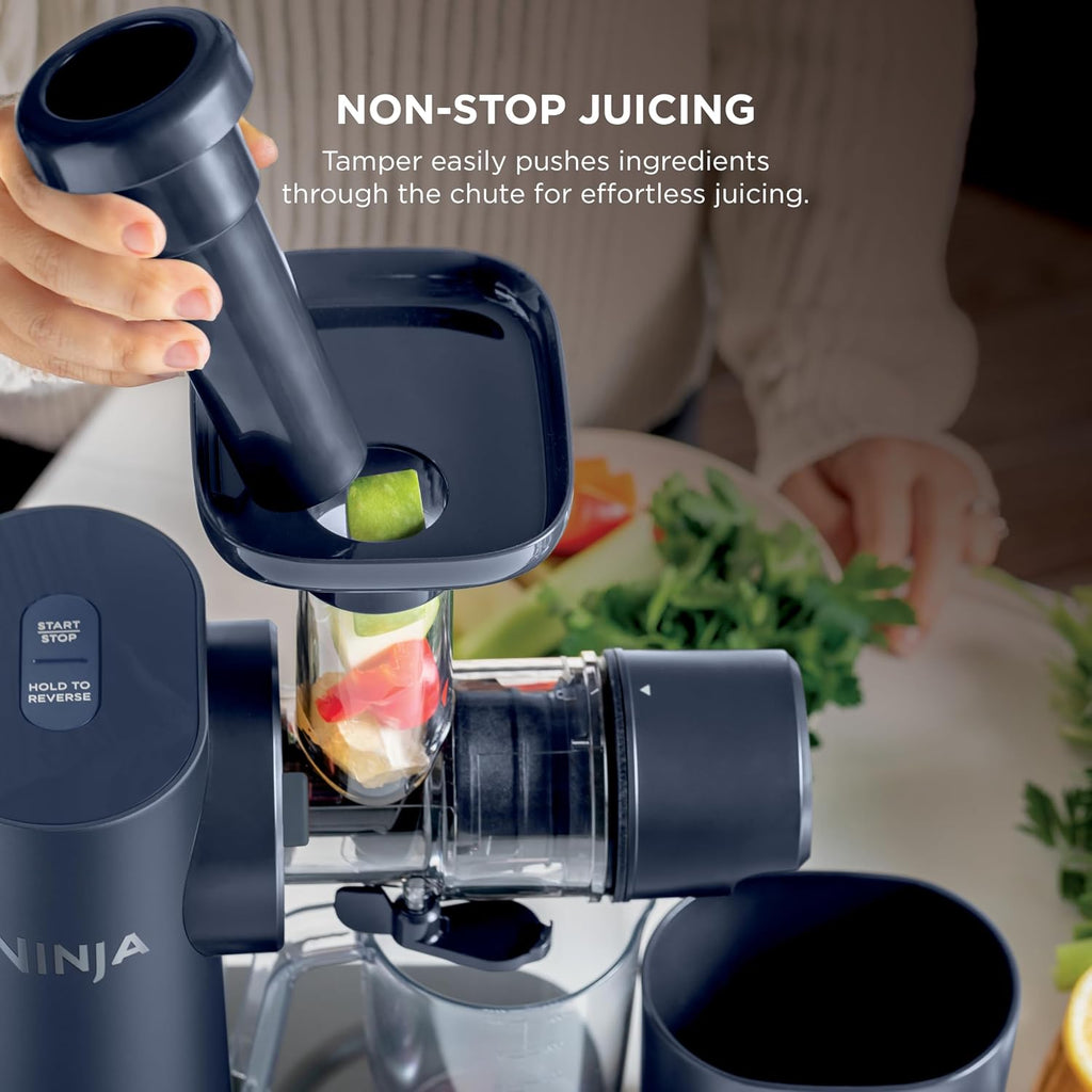 Ninja NeverClog Cold Press Juicer | Powerful Electric Slow Masticating Juicer with Pulp Control | XL Capacity | 24 oz. Juice Jug & 36 oz. Pulp Container | Dishwasher Safe | Navy | 150W | JC151NV