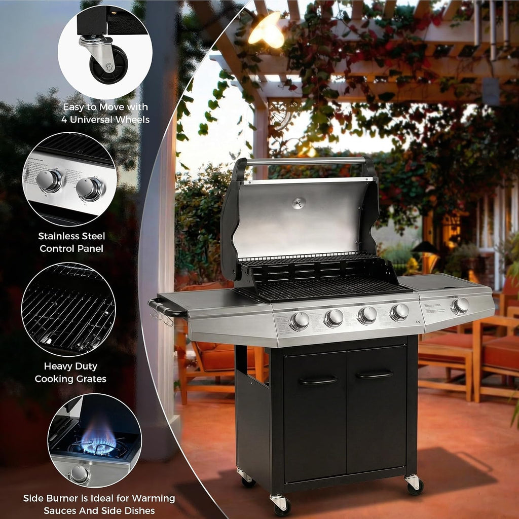 MASTER COOK 4+1 Burners Gas Grill, 518 Sqin Cooking Area, 52,000 BTU Propane Grill with Side Burner, Stainless Steel Cabinet Grill, Black