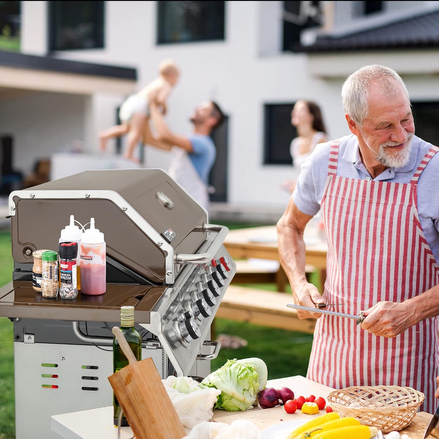 Royal Gourmet GA6402C 6-Burner Propane Gas Grill with Sear Burner and Side Burner, 74,000 BTUs, Cabinet Style Outdoor BBQ Grill for Barbecue Grilling & Backyard Cooking, Coffee
