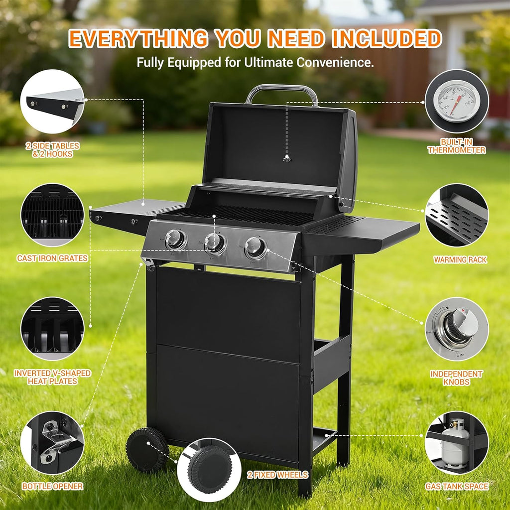 EUHOME Stainless Steel 3-Burner Gas Grill, 25650 BTU Outdoor BBQ Grill with Side Table, 338 sq.in Cooking Area, Perfect for Patio, Deck & Family Barbecues