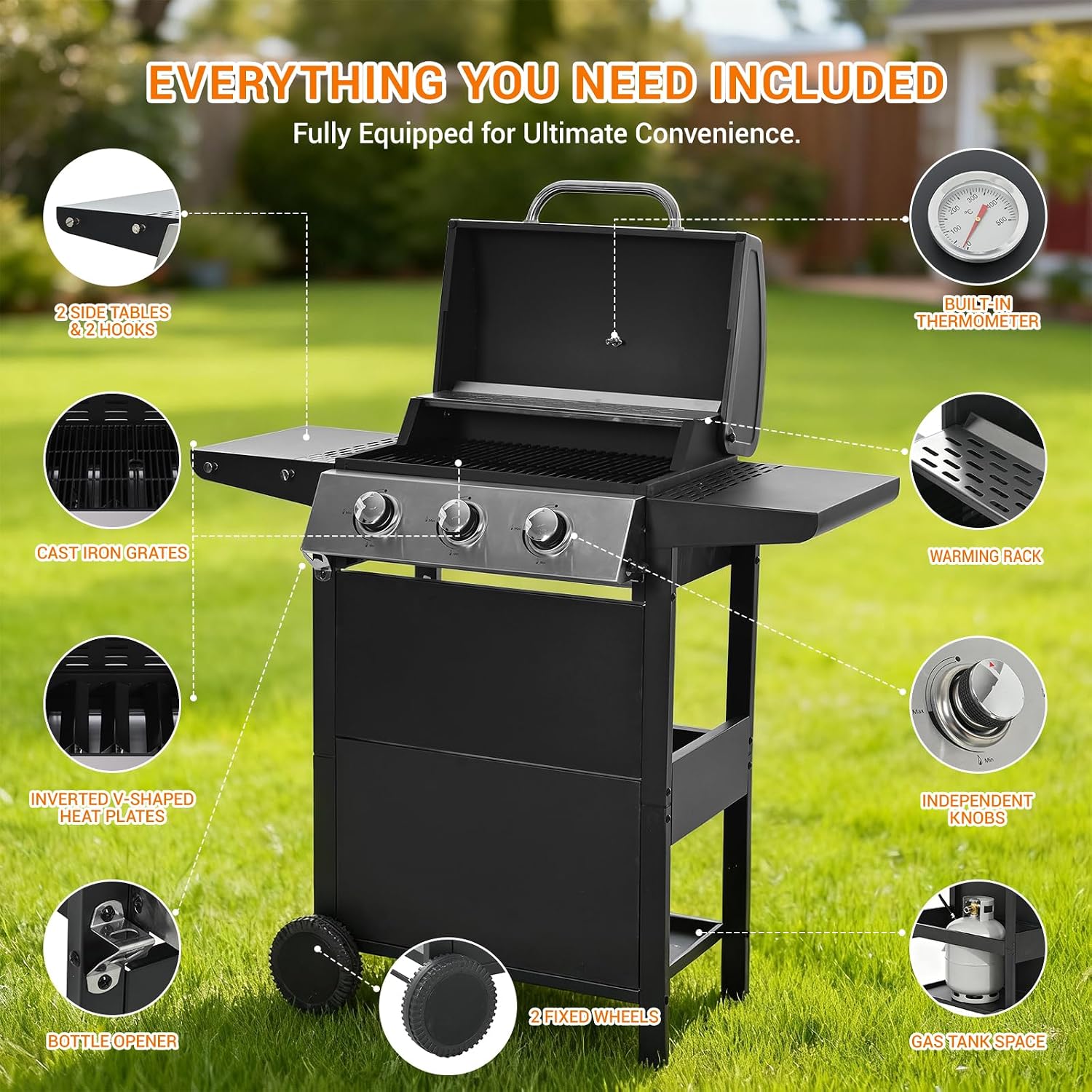 EUHOME Stainless Steel 3-Burner Gas Grill, 25650 BTU Outdoor BBQ Grill with Side Table, 338 sq.in Cooking Area, Perfect for Patio, Deck & Family Barbecues