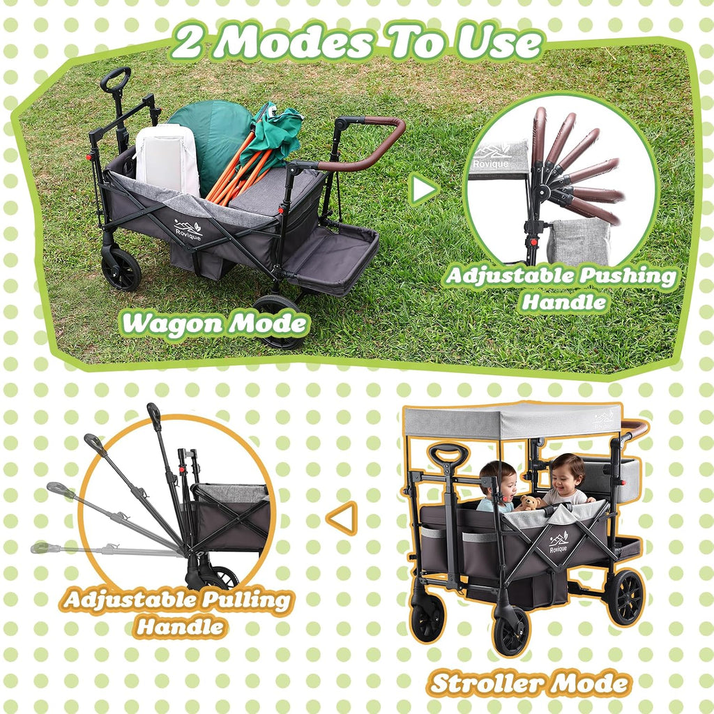 Wagon Stroller for 2 Kids, Premium Stroller Wagon for Kids with Removable Canopy, Safety Harness, Adjustable Handlebar & Storage Organizer, All-Terrain Foldable Baby Wagon for Outdoors