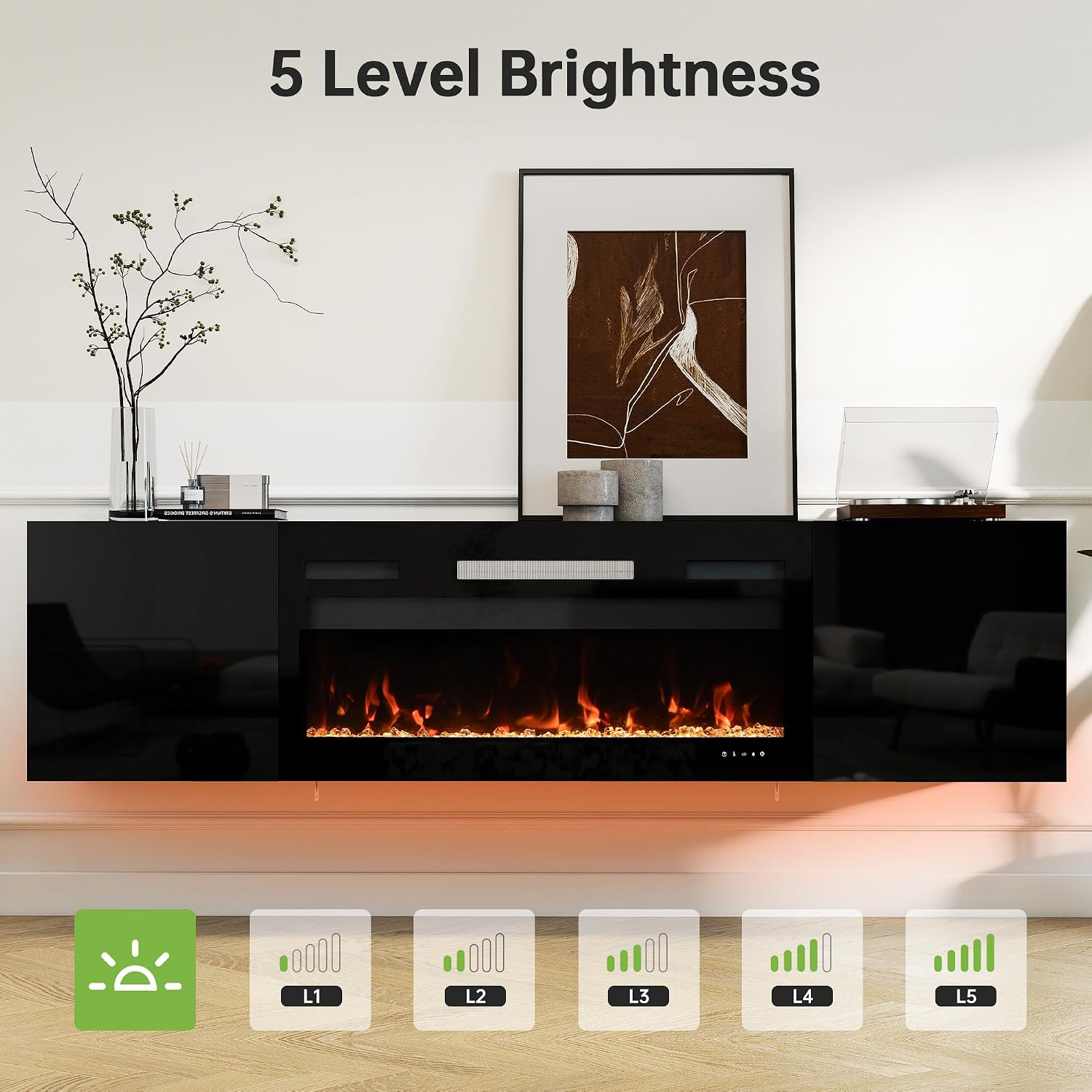 Real Relax 80' Floating TV Stand with 40' Electric Fireplace, Wall Mounted Entertainment Center with Storage, Remote Control, Modern LED Lights Fireplace TV Console, Taller Version, All Black