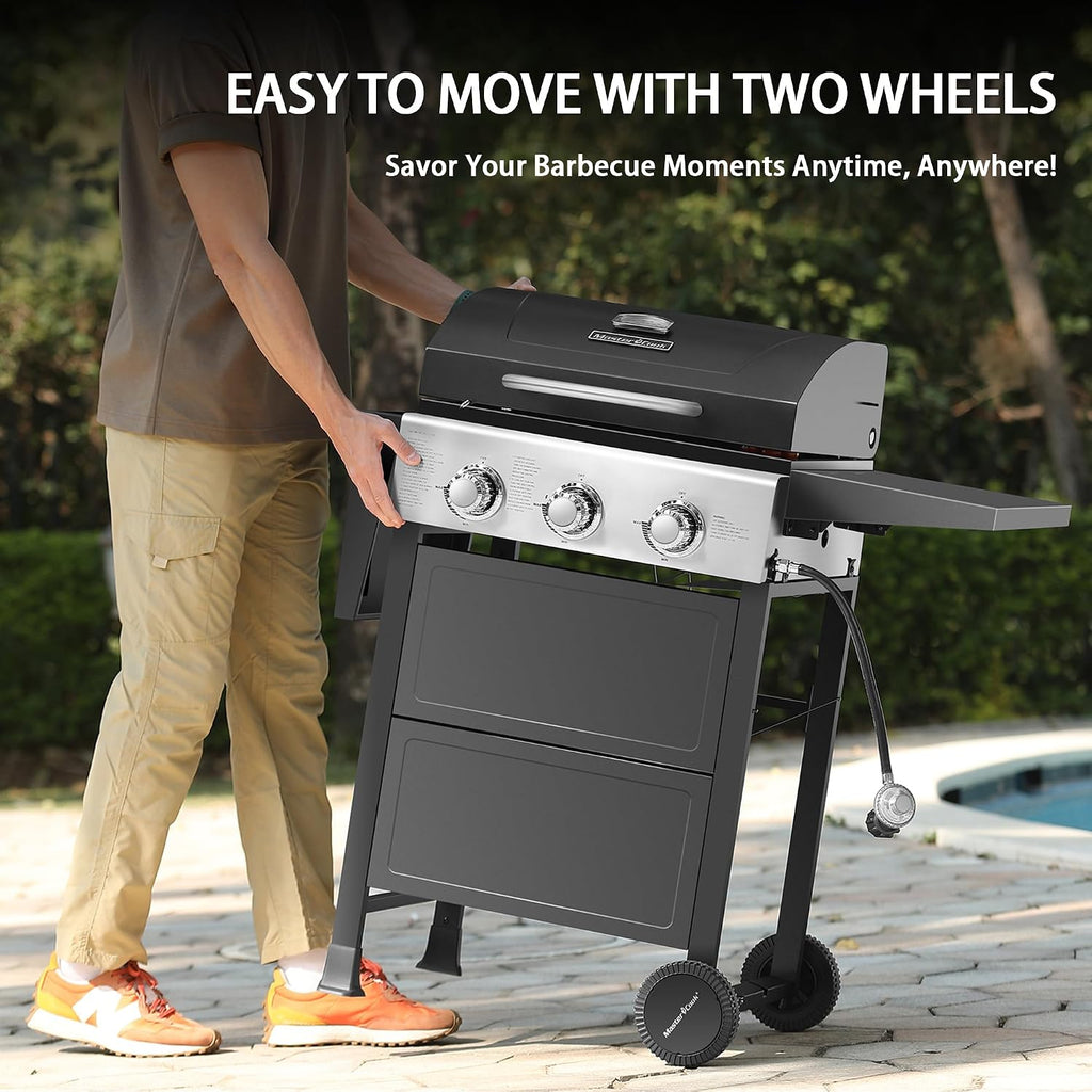 MASTER COOK 3 Burner BBQ Propane Gas Grill, 472 Sq. In. Cooking Area, 30,000 BTU Stainless Steel Barbecue Grill with Two Foldable Shelves for Outdoor Patio, Backyard