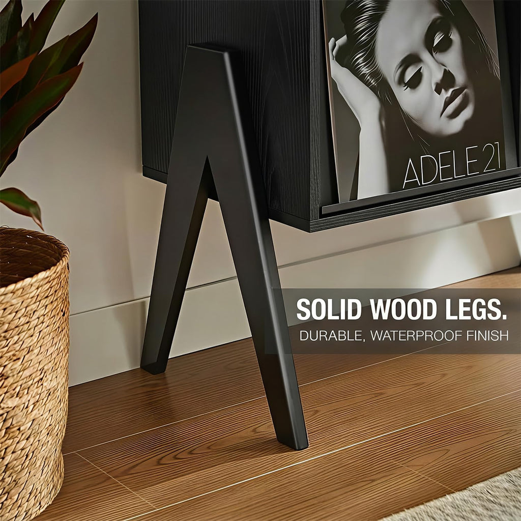 Record Player Stand with Vinyl Storage, 32' Turntable Stand with Flip-Up Album Display, Mid Century Modern Black Vinyl Record Storage Cabinet, Audio Media Console Table with V-Shape Legs