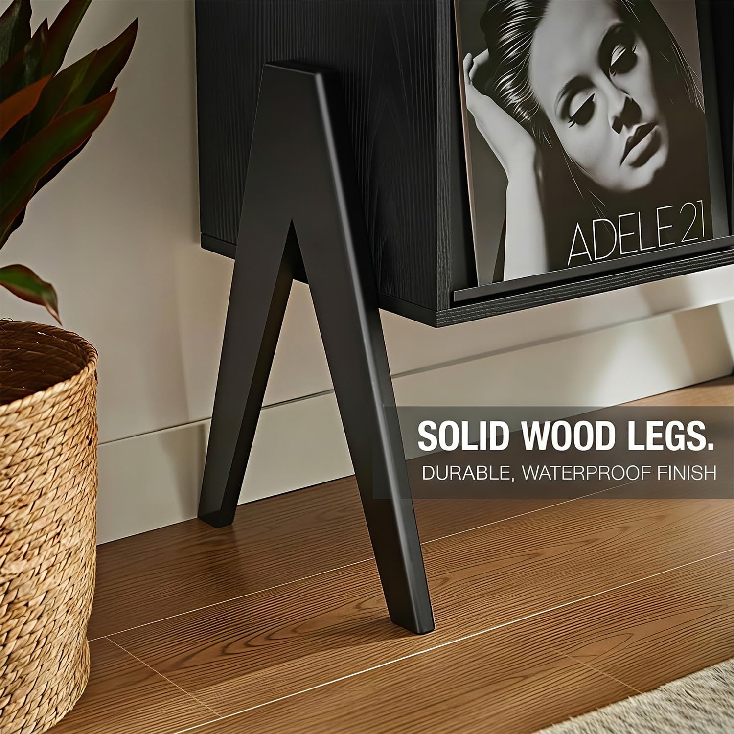 Record Player Stand with Vinyl Storage, 32' Turntable Stand with Flip-Up Album Display, Mid Century Modern Black Vinyl Record Storage Cabinet, Audio Media Console Table with V-Shape Legs