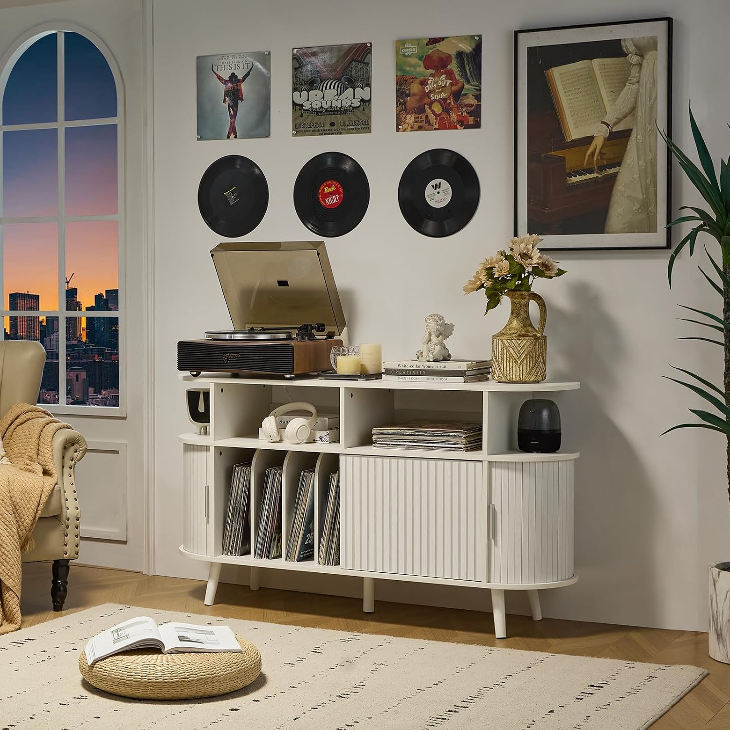 LELELINKY Extra Large Round Record Player Stand with Charging Station & Fluted Panel, Mid Century Modern Turntable Cabinet with Vinyl Storage, Arched Wood Record Player Table for Living Room,White