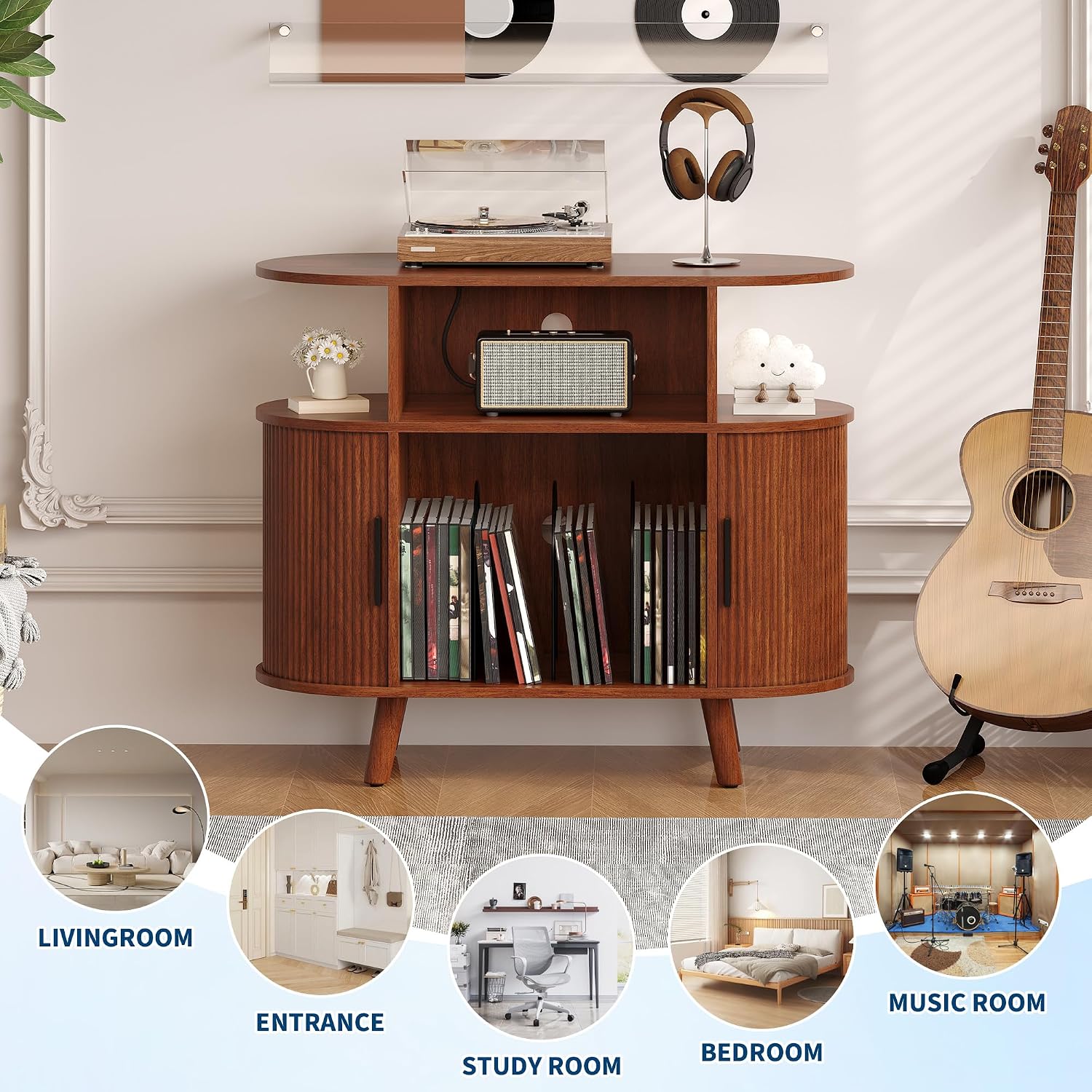 GarveeHome Large Round Record Player Stand with Charging Station and USB Ports, Rustic Vinyl Record Player Turntable Stand Storage Cabinet with Open Shelves Holder Mid-Century Design