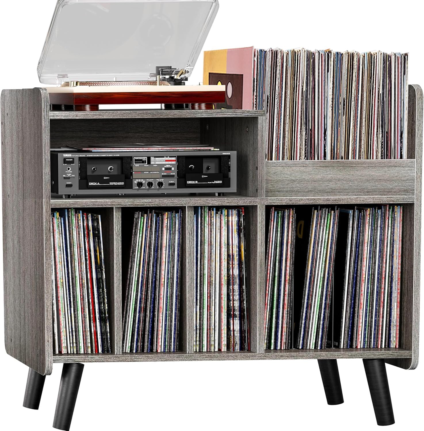Record Player Stand, Large Record Player Table Cabinet with Open Vinyl Storage and Display Shelf Holds up to 250 Albums, Mid Century Wood Turntable for Living Room, Bedroom (Grey)