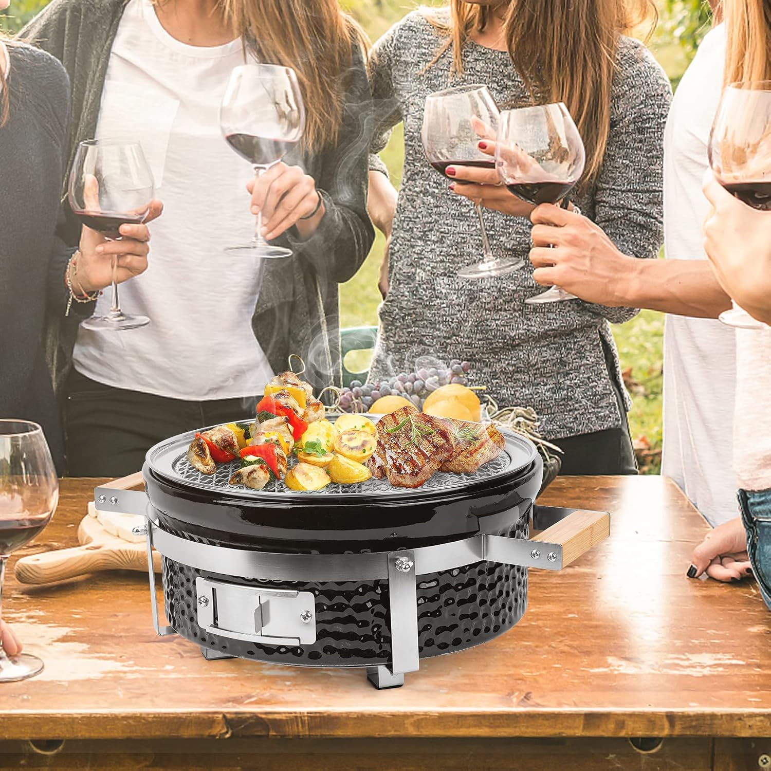 ONLYFIRE GRILLS Ceramic Hibachi Charcoal Grill with Grid Lifter, 14' Portable BBQ Yakitori Grill with Stainless Steel Grate for Outdoor Patio Backyard Barbecue Cooking, GS305