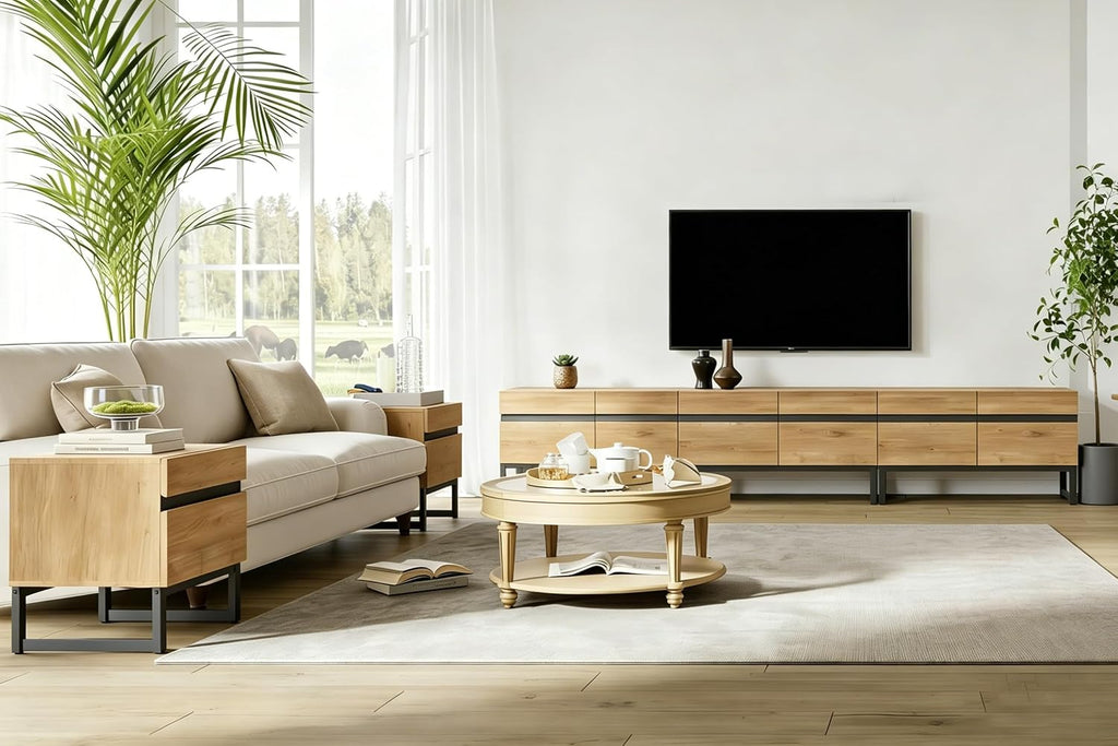 WAMPAT Modern TV Stand for 32-110 Inch TVs, Wood Entertainment Center with Metal Base Storage Cabinets, Media TV Console for Living Room, Oak, 3Pcs