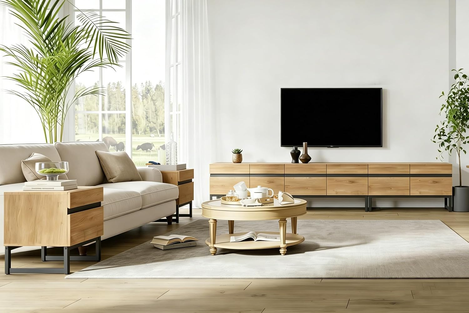 WAMPAT Modern TV Stand for 32-110 Inch TVs, Wood Entertainment Center with Metal Base Storage Cabinets, Media TV Console for Living Room, Oak, 3Pcs