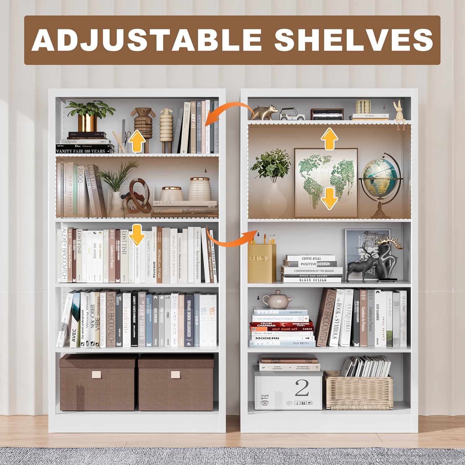 55' Media Storage Cabinet, Metal CD Storage Rack with 4 Adjustable Shelves, 5-Tier Large Media Stand for Living Room, Home Entertainment (White)