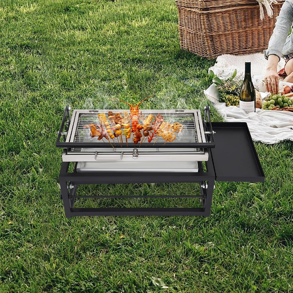 Charcoal Flip Grill, 360° Rotating Barbecue Grill for Camping with Adjustable Charcoal Tray & Clip Grid Portable Outdoor BBQ Grill On Wheels with Detachable Legs and Side Condiment Area