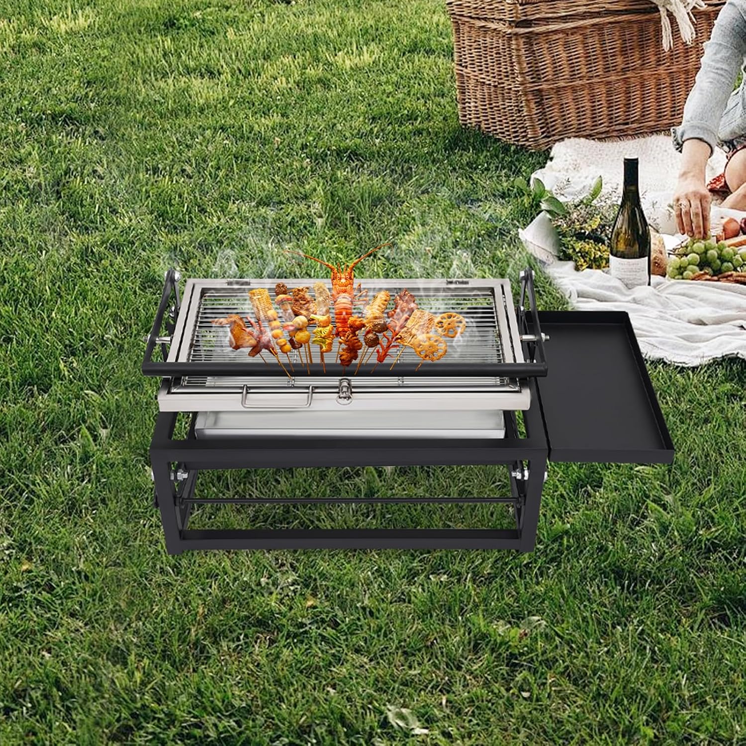 Charcoal Flip Grill, 360° Rotating Barbecue Grill for Camping with Adjustable Charcoal Tray & Clip Grid Portable Outdoor BBQ Grill On Wheels with Detachable Legs and Side Condiment Area