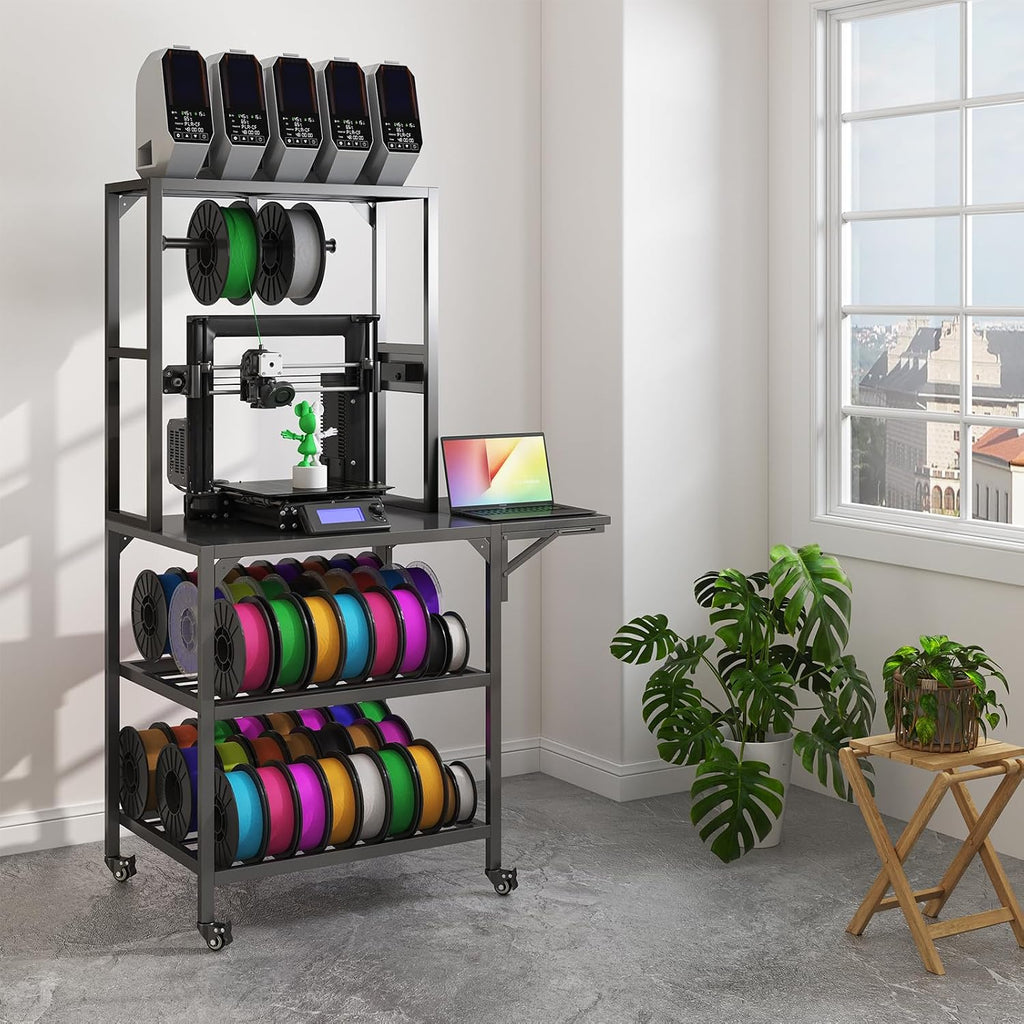 3D Printer Table Heavy-Duty 3D Printer Stand with Filament Storage Rack & T-Shaped Spool Holder – Mobile Workbench for Resin/Open/Closed Printers, 54-Spool Capacity, 200+ lbs Load, 15-Min Assembly