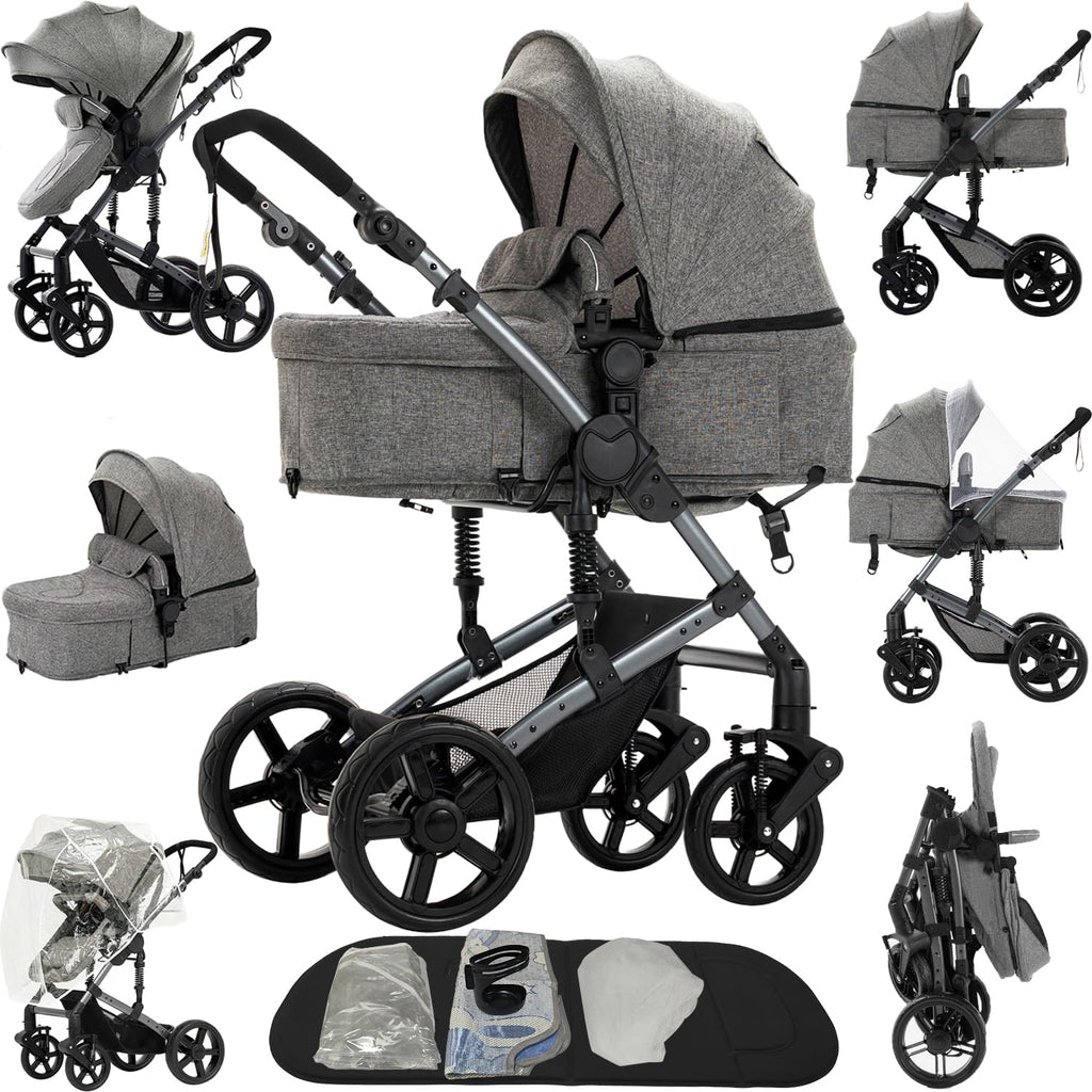 2 in 1 Baby Stroller Reversible Portable Standard Baby Stroller Convertible Pushchair Infant Buggy Baby Carriage Foldable High Landscape Pram for Toddler Newborn (2US588-GREY)