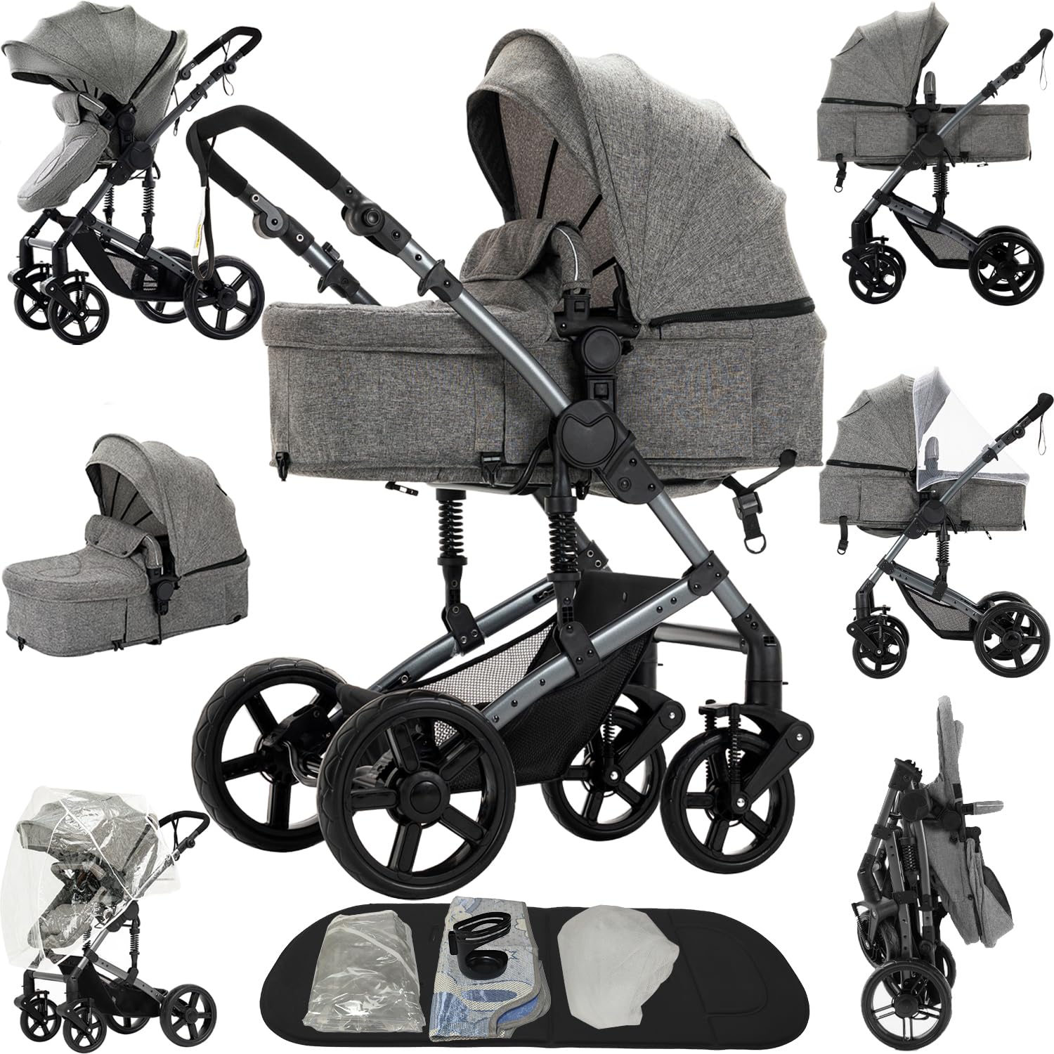 2 in 1 Baby Stroller Reversible Portable Standard Baby Stroller Convertible Pushchair Infant Buggy Baby Carriage Foldable High Landscape Pram for Toddler Newborn (2US588-GREY)