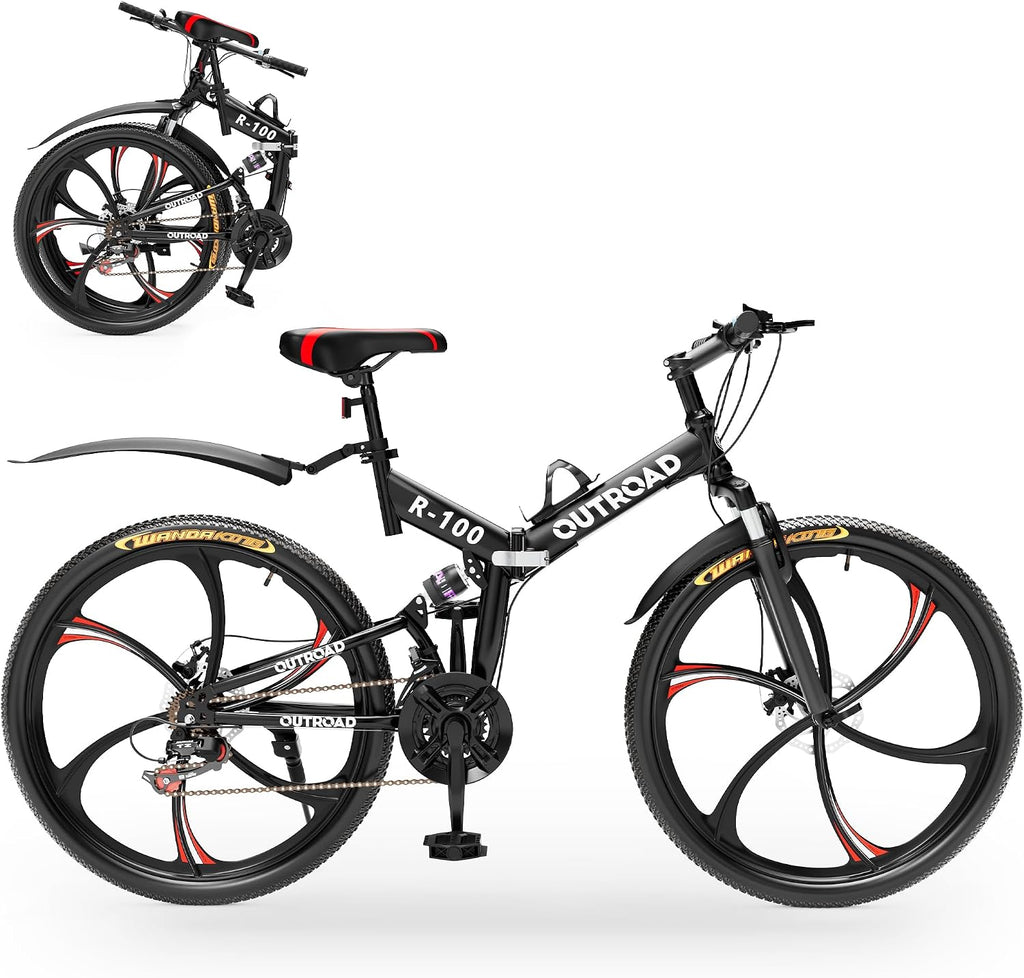 Outroad 26 Inch Folding Mountain Bike, 21 Speed Full Suspension High-Carbon Steel MTB Foldable Bicycle, Dual Disc Brake Non-Slip Folding Bikes for Adults/Men/Women, Black, Orange and Green