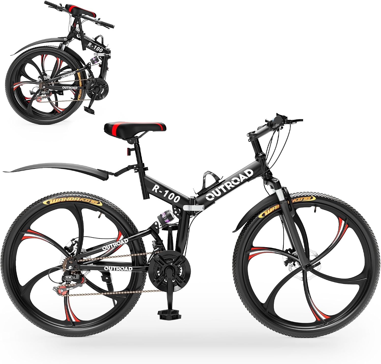 Outroad 26 Inch Folding Mountain Bike, 21 Speed Full Suspension High-Carbon Steel MTB Foldable Bicycle, Dual Disc Brake Non-Slip Folding Bikes for Adults/Men/Women, Black, Orange and Green