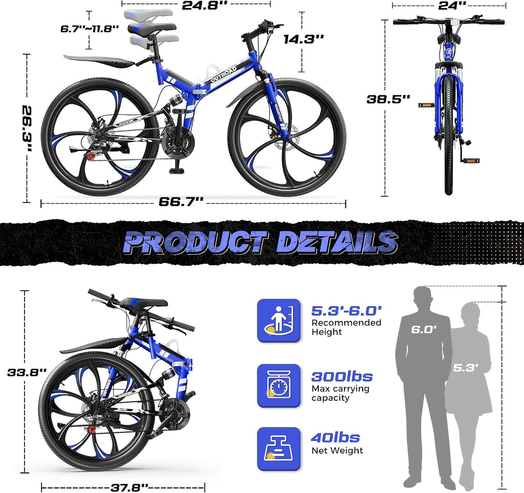 Outroad 26 Inch Folding Mountain Bike, 21 Speed Full Suspension High-Carbon Steel MTB Foldable Bicycle, Dual Disc Brake Non-Slip Folding Bikes for Adults/Men/Women, Black, Orange and Green