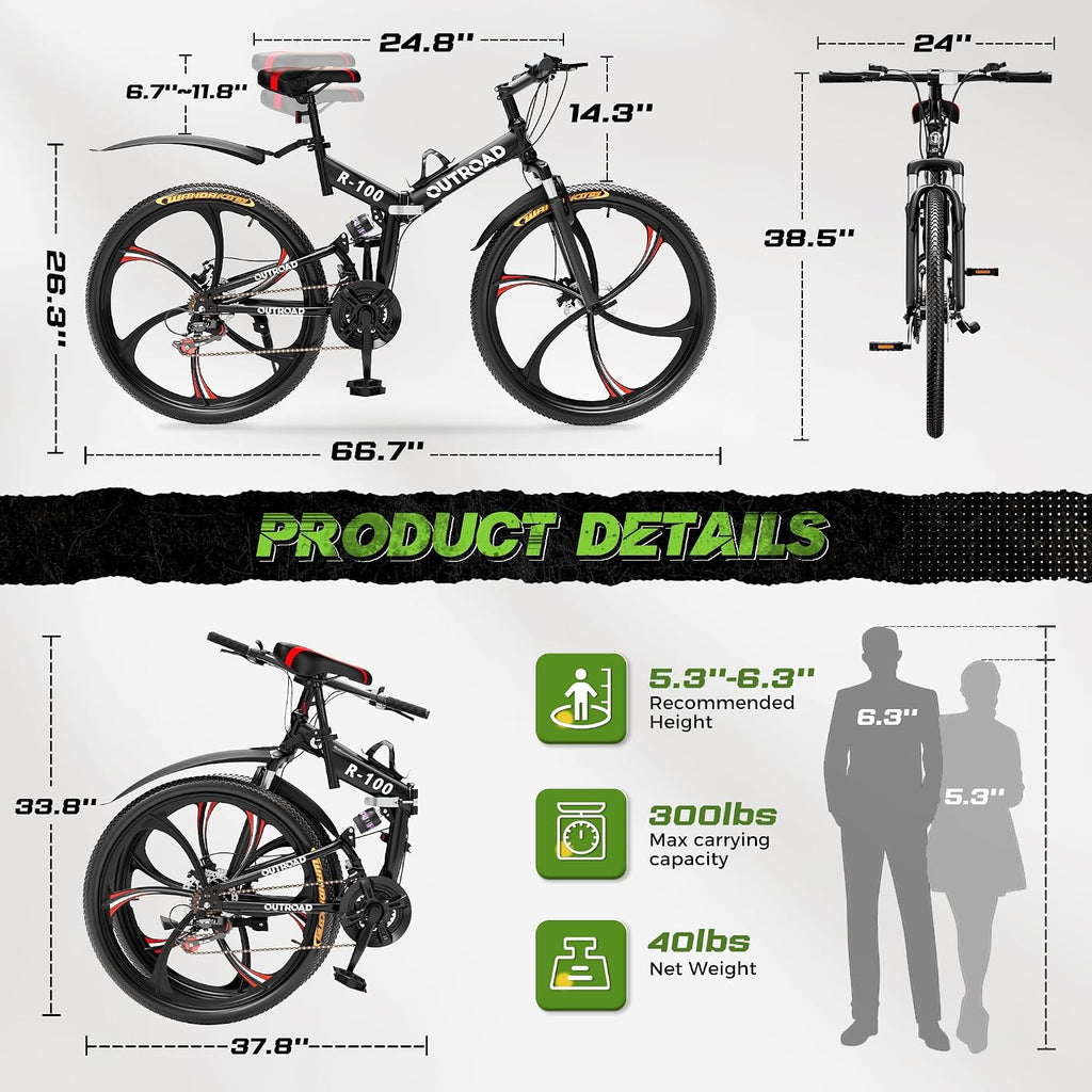 Outroad 26 Inch Folding Mountain Bike, 21 Speed Full Suspension High-Carbon Steel MTB Foldable Bicycle, Dual Disc Brake Non-Slip Folding Bikes for Adults/Men/Women, Black, Orange and Green