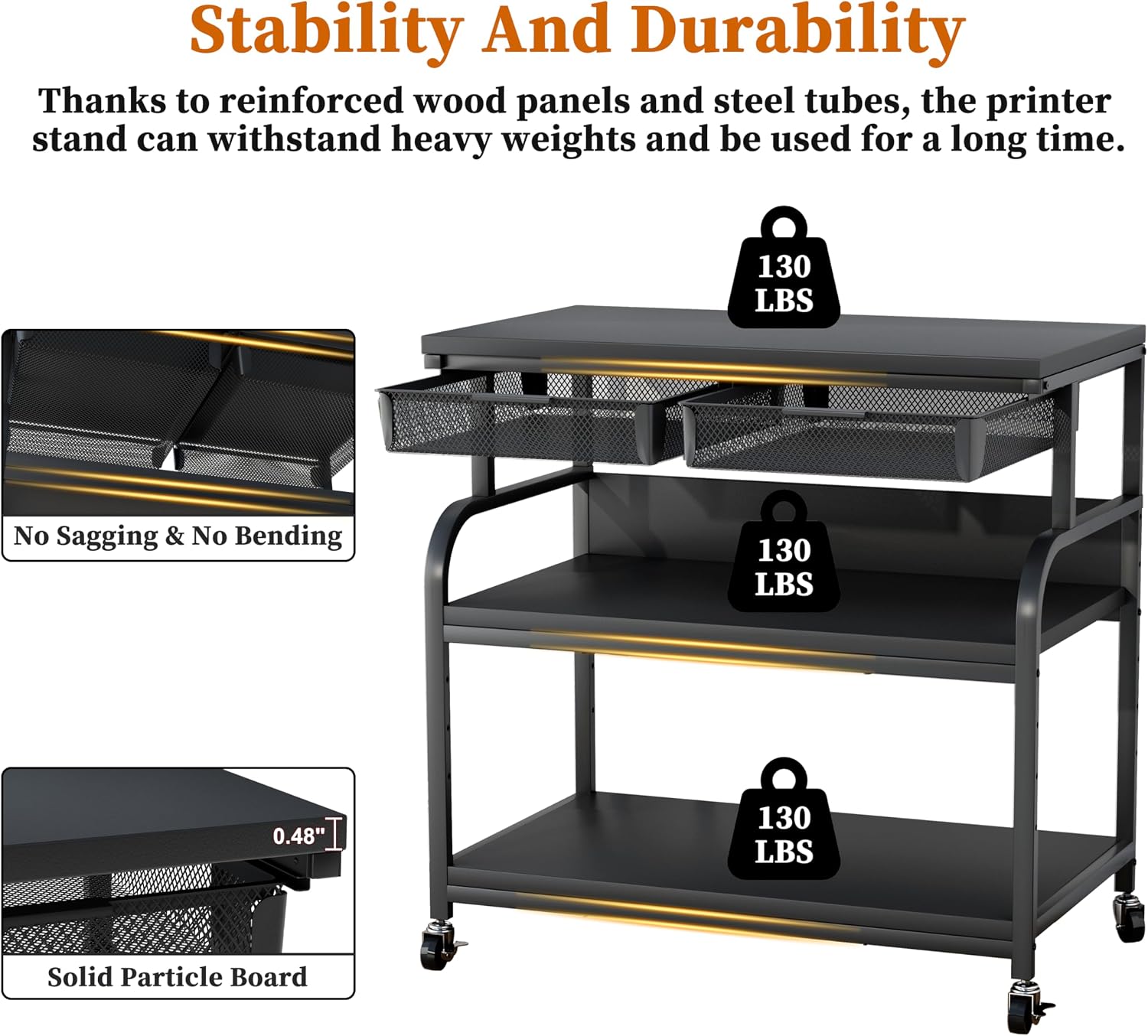 EasyCom 32.3'x18.9' Extra Large Printer Stand with Double Drawers, 5-Adjustable Heights 3 Tier Table with Wheels, Rolling Printer Cart with Storage for Printer Scanner Fax Home Office Use