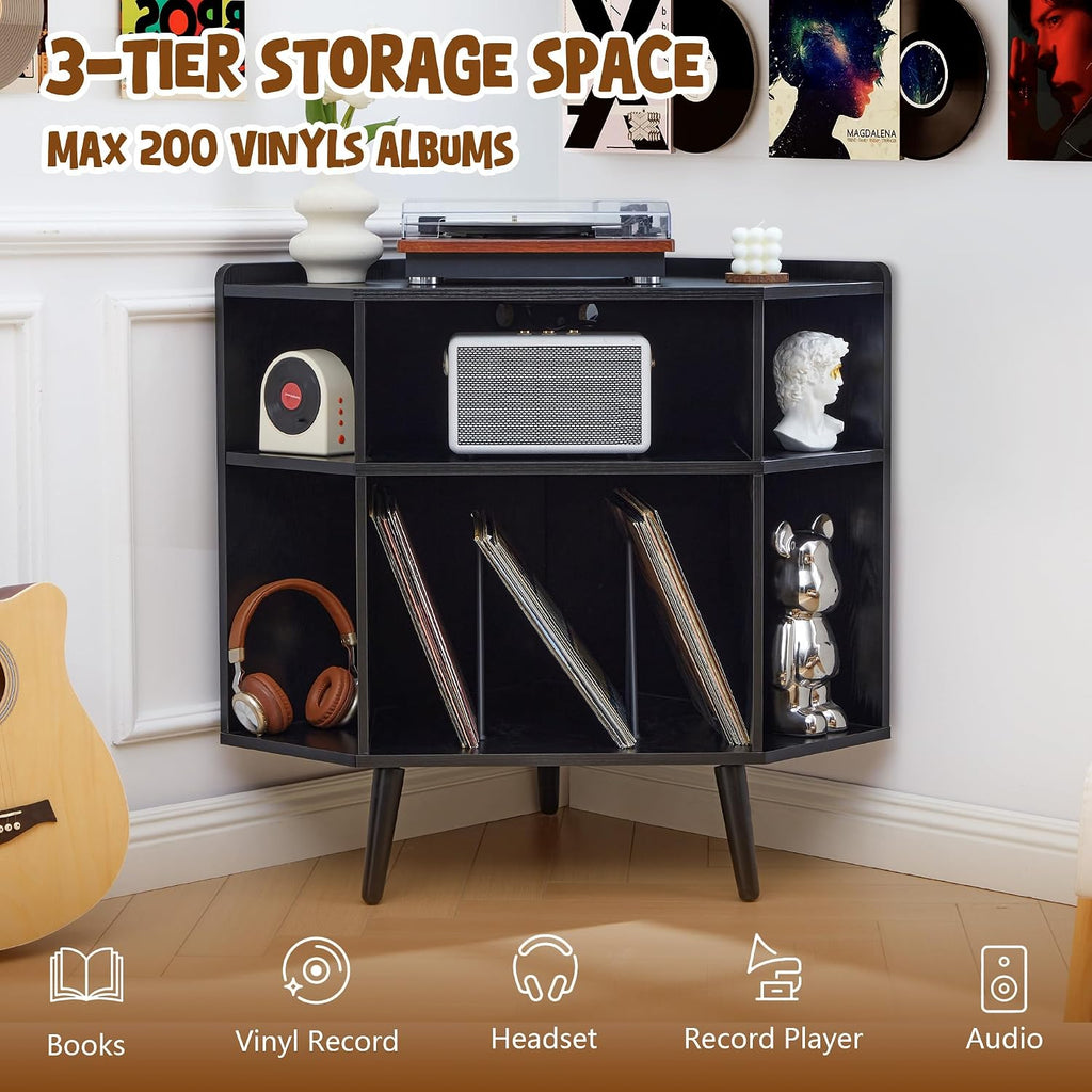 Corner Record Player Stand with Charging Station & USB Ports, 3 Tier Mid Century Modern Vinyl Record Storage Cabinet, Wood Turntable Stand for Music Room, Living Room, Small Space