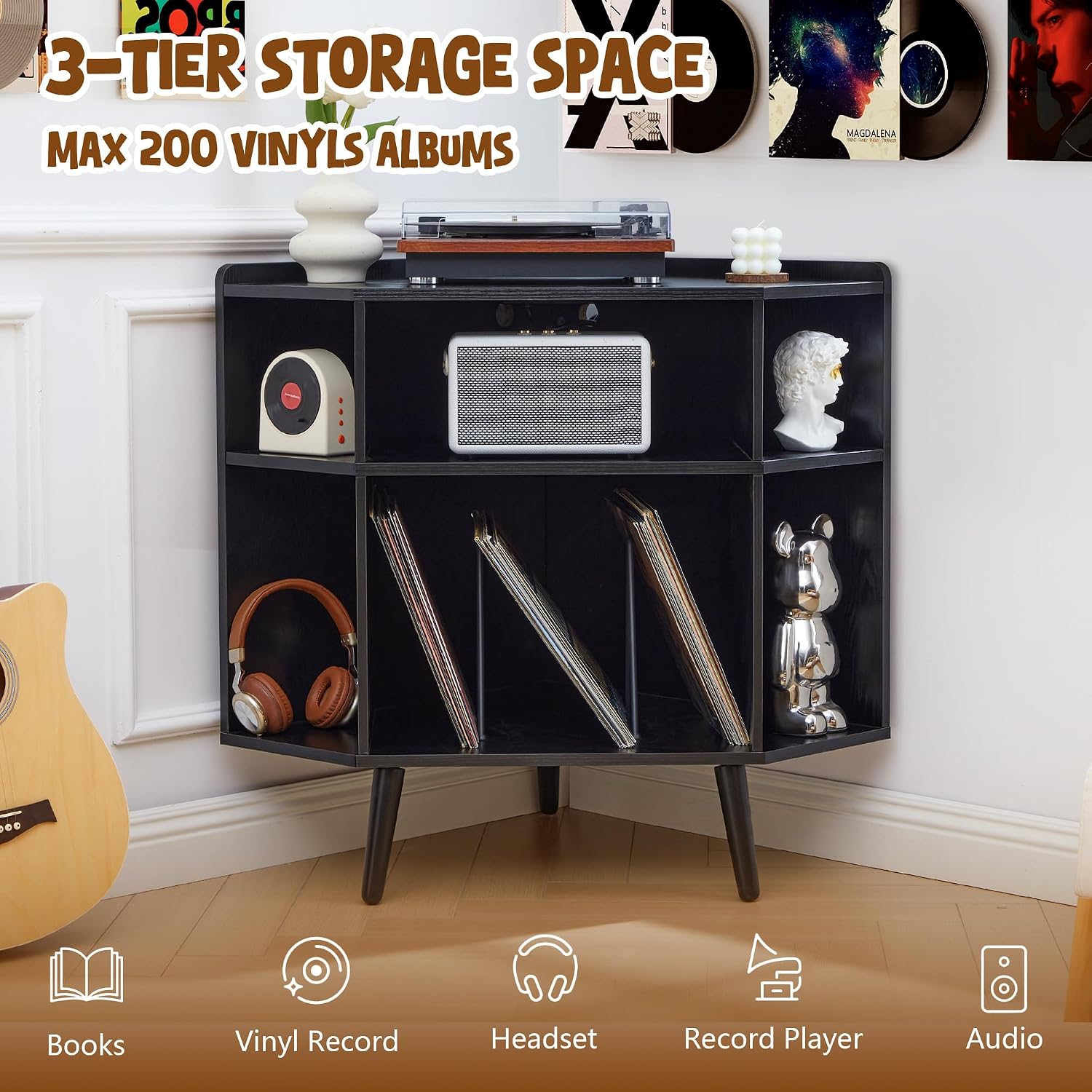 Corner Record Player Stand with Charging Station & USB Ports, 3 Tier Mid Century Modern Vinyl Record Storage Cabinet, Wood Turntable Stand for Music Room, Living Room, Small Space