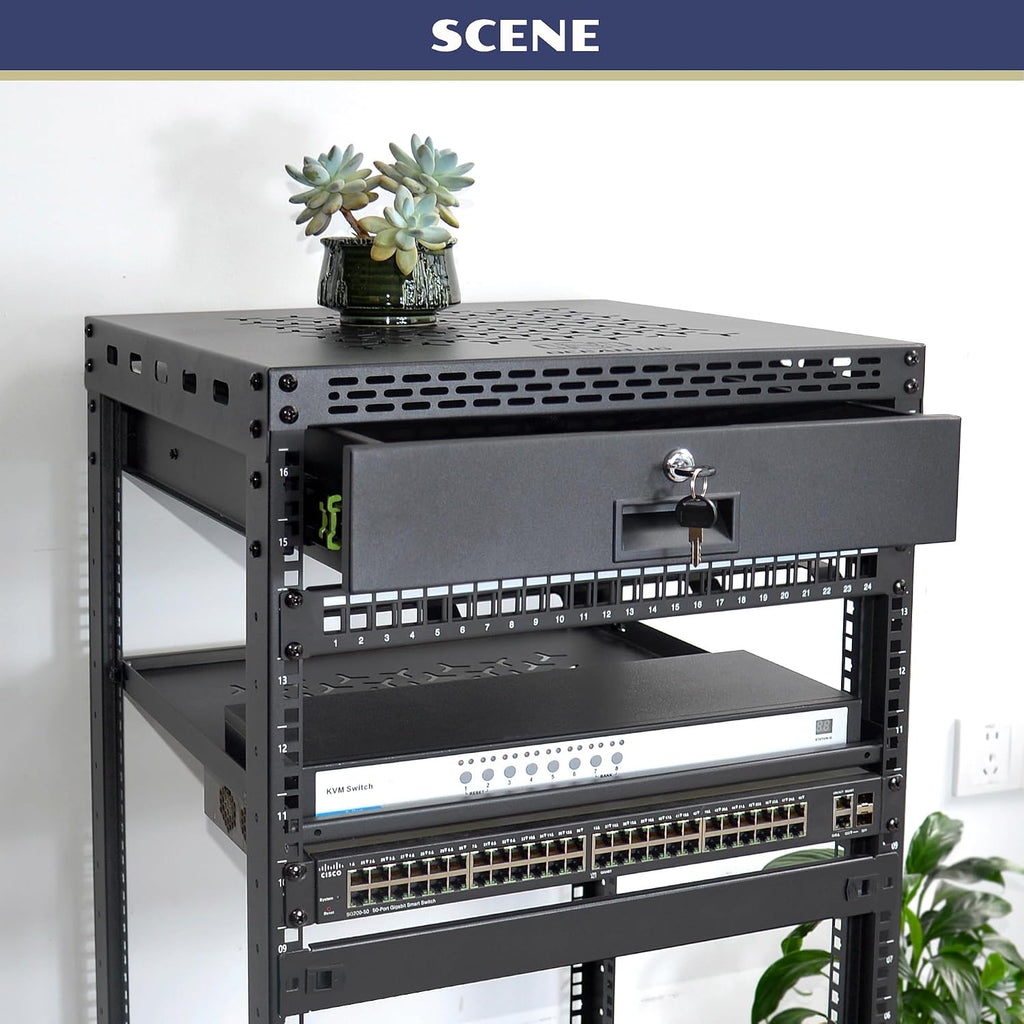 20U Server Rack Cabinet with Drawer & 2 PCS Full Size Rack Shelves - Integrated Top/Bottom Panels, 4 Rolling Wheels for 19' Equipment & Home Lab Studio