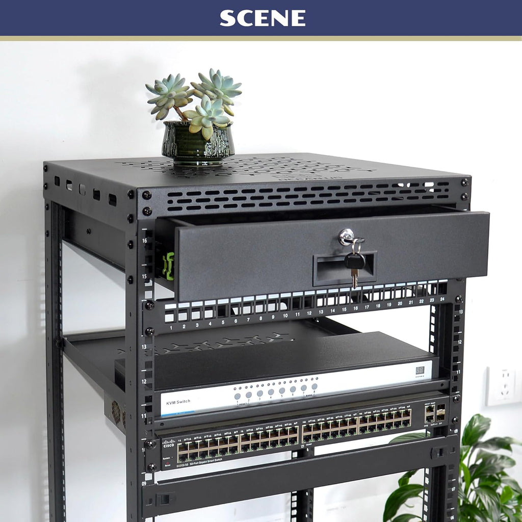 24U Server Rack Cabinet with Drawer & 2 PCS Full Size Rack Shelves - Integrated Top/Bottom Panels, 4 Rolling Wheels for 19' Equipment & Home Lab Studio