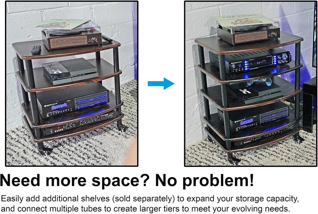Rockville Bundle FLX Dark Wood Adjustable Height 4 Shelf Home Theater Audio Rack Stand Bundle Shelf for FLX Dark Wood Add-On Shelf + Tubes for FLX (2 Items)