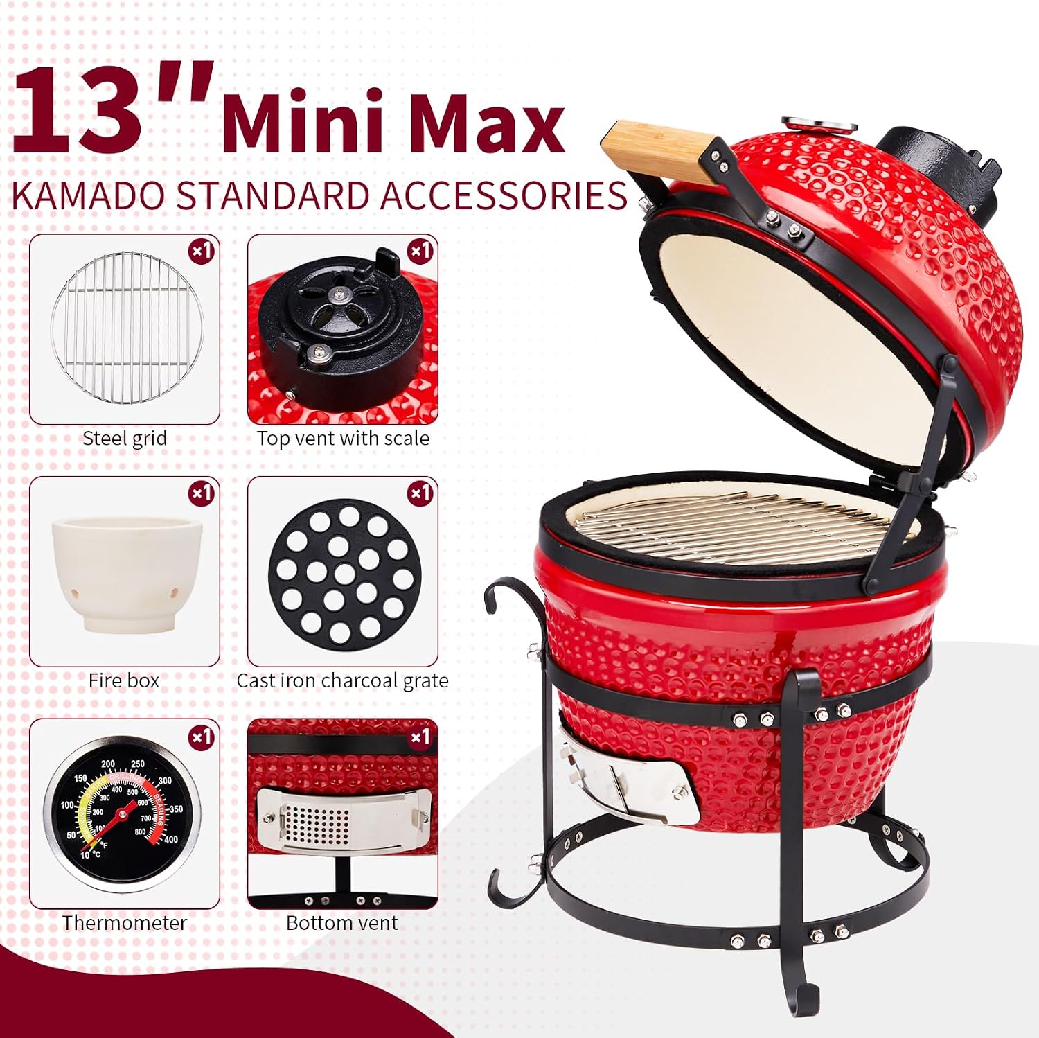 Outvita 13' Round Kamado Charcoal Grill, Portable Ceramic Barbecue Grill with Thermometer for Variations on Cooking Methods(Red)